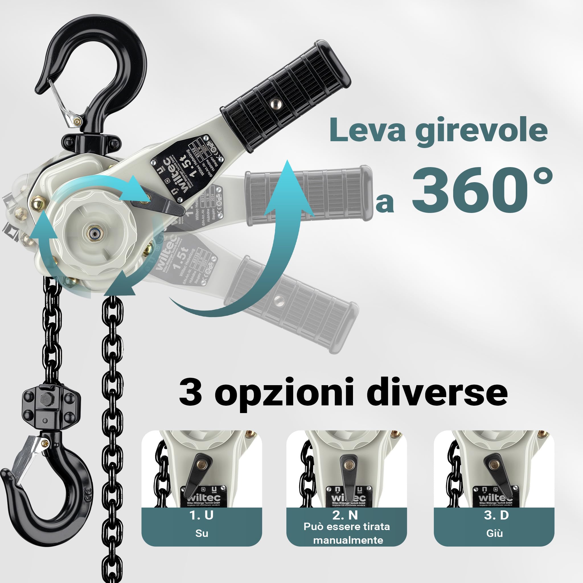 Wiltec Paranco a Leva 1,5 t x 1,5 m con Impugnatura 360°