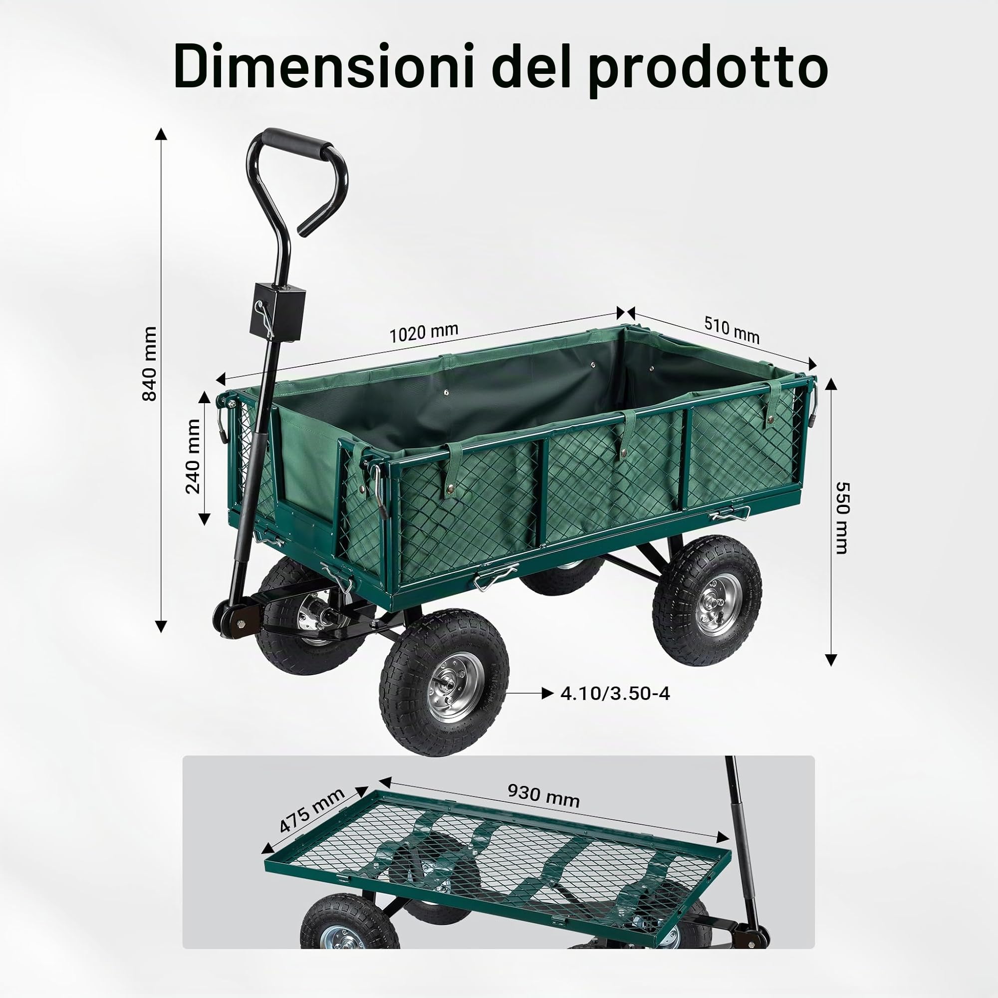 Wiltec Carrello trasporto da giardino 300 kg con telone