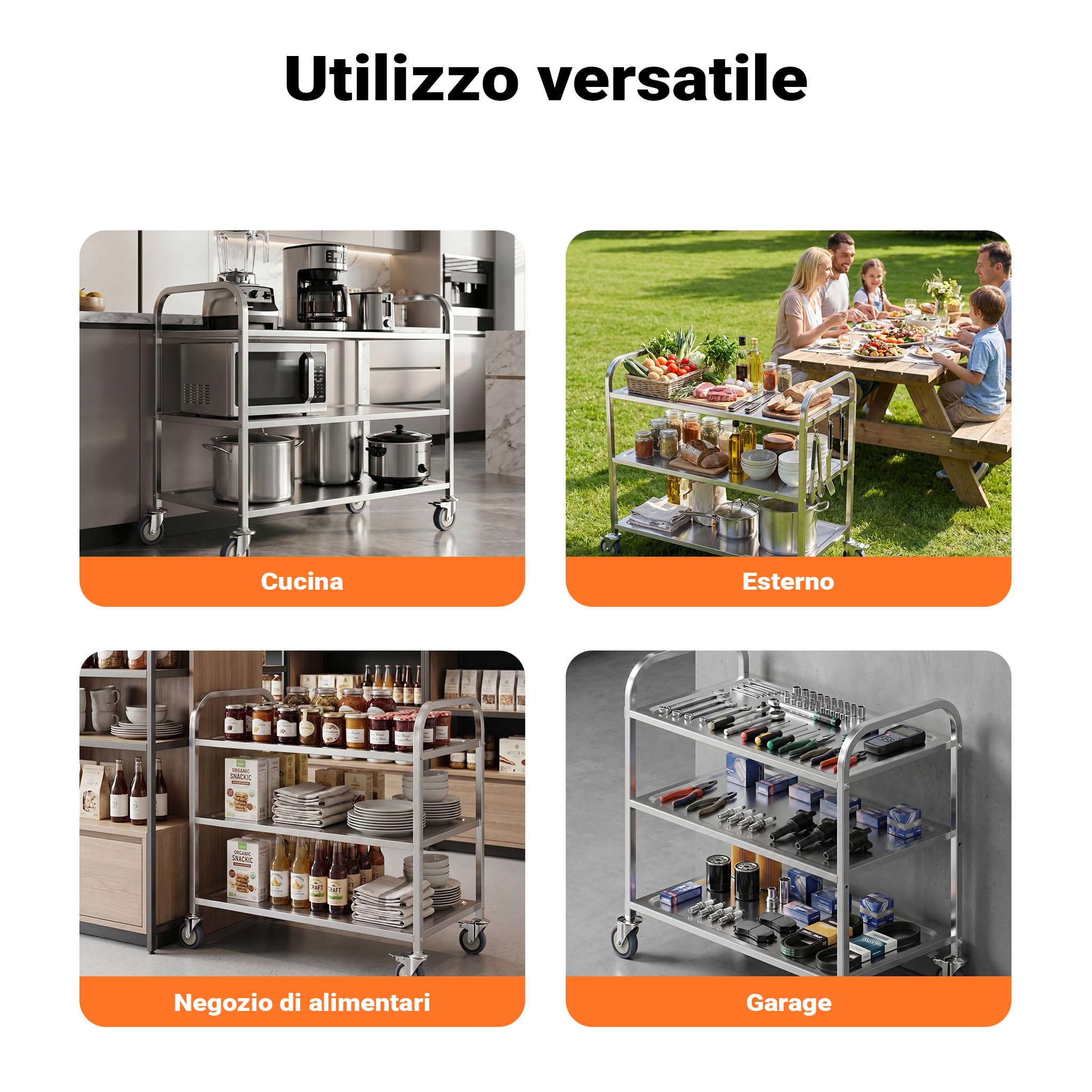 Wiltec carrello portavivande 3 ripiani acciaio inox 150 kg