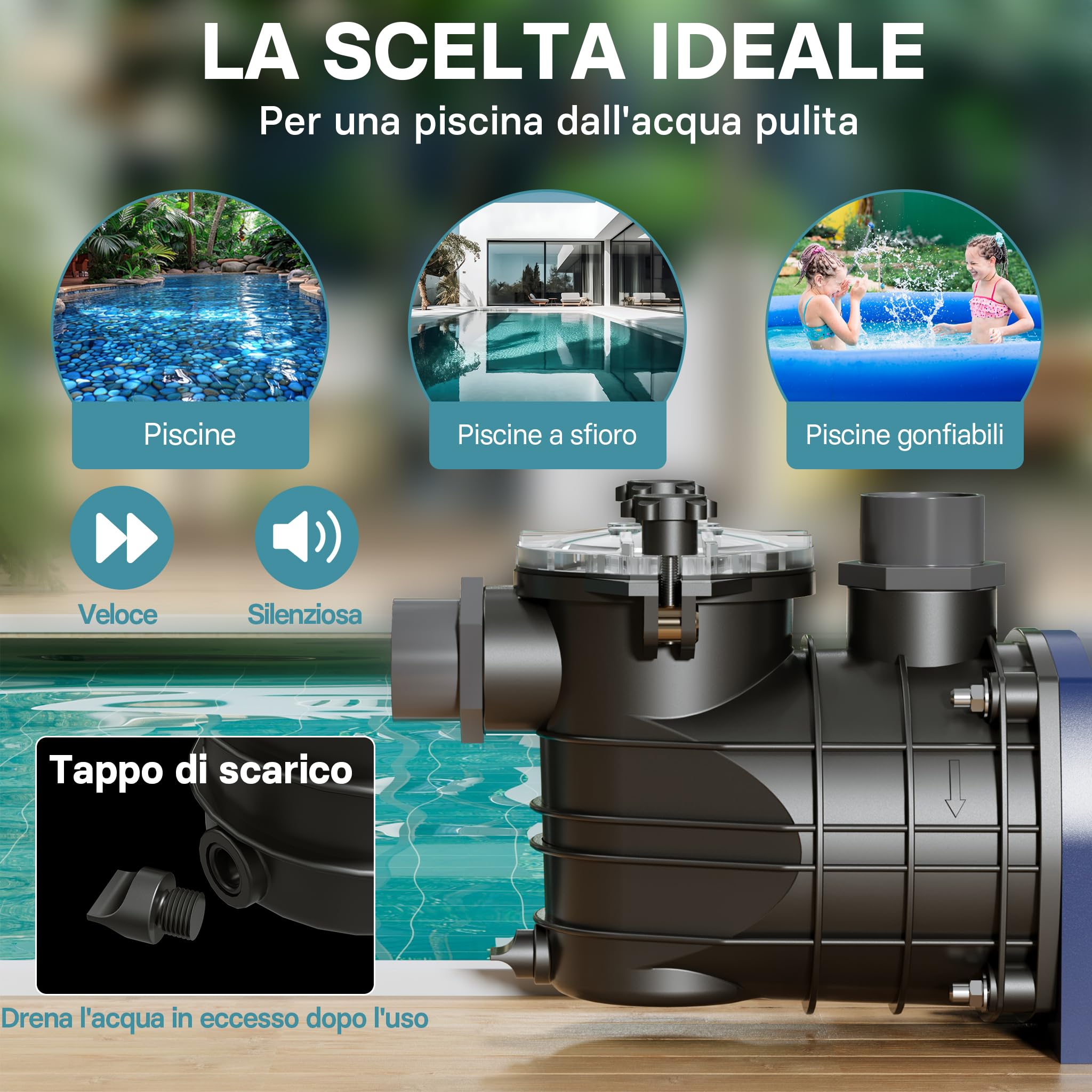 Wiltec Pompa Piscina 13800 l/h 550W con Prefiltro
