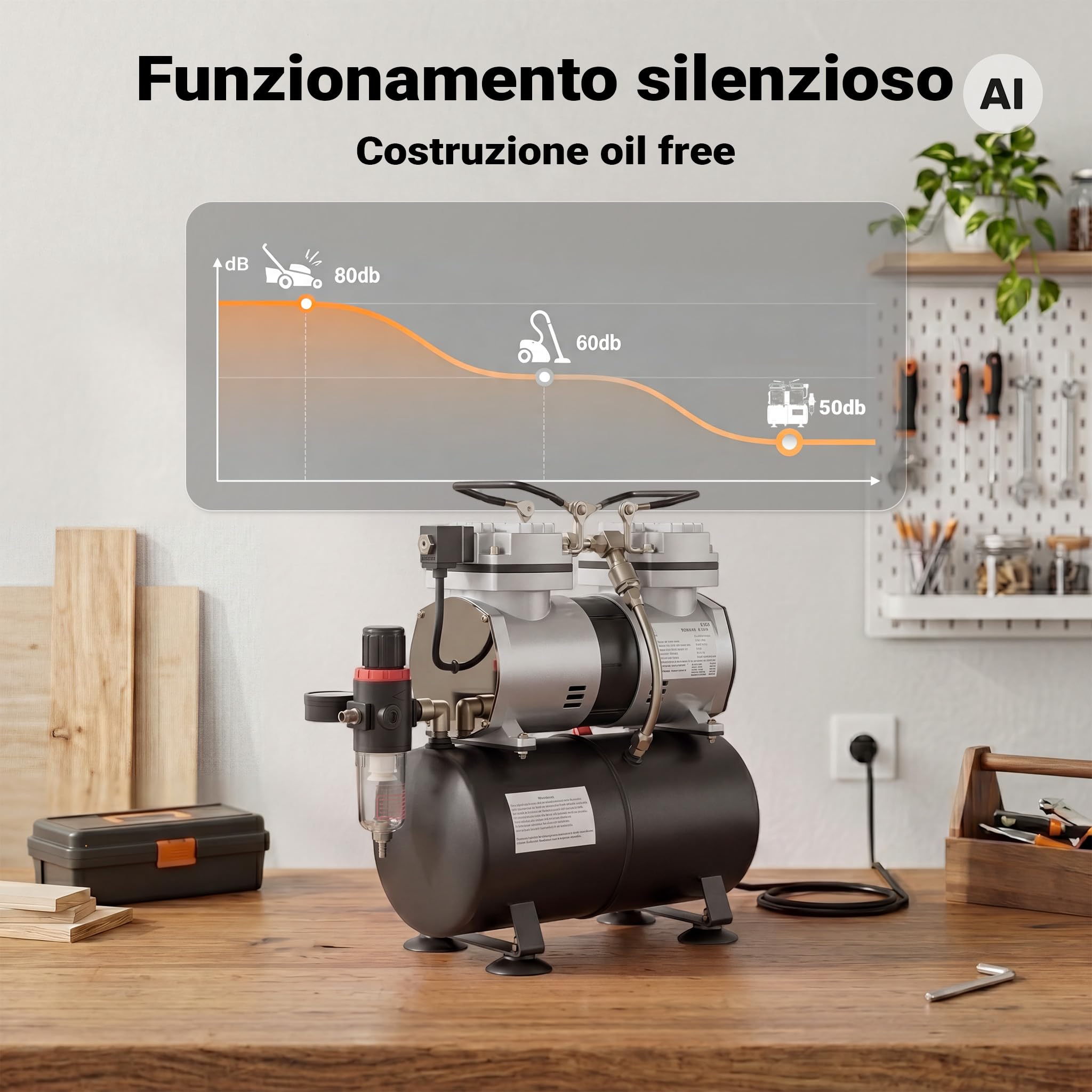 Wiltec AS196 Compressore Aerografo 6 Bar con Serbatoio