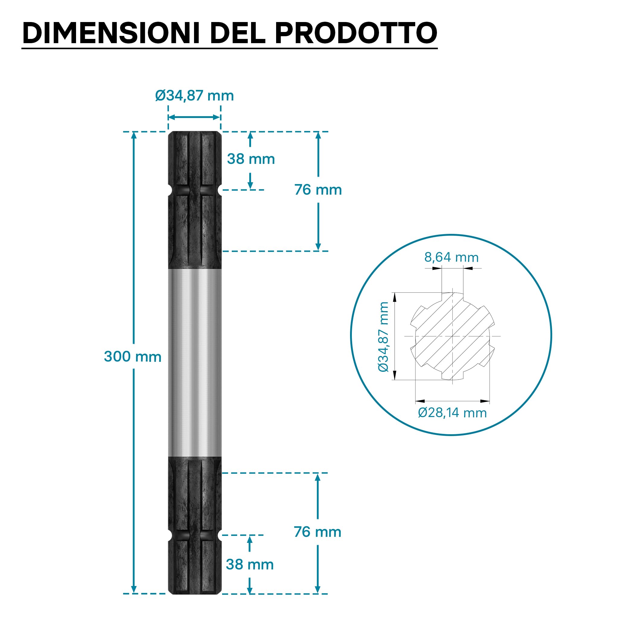 Wiltec B2 Albero Scanalato 300 mm 1 3/8" 6 Denti