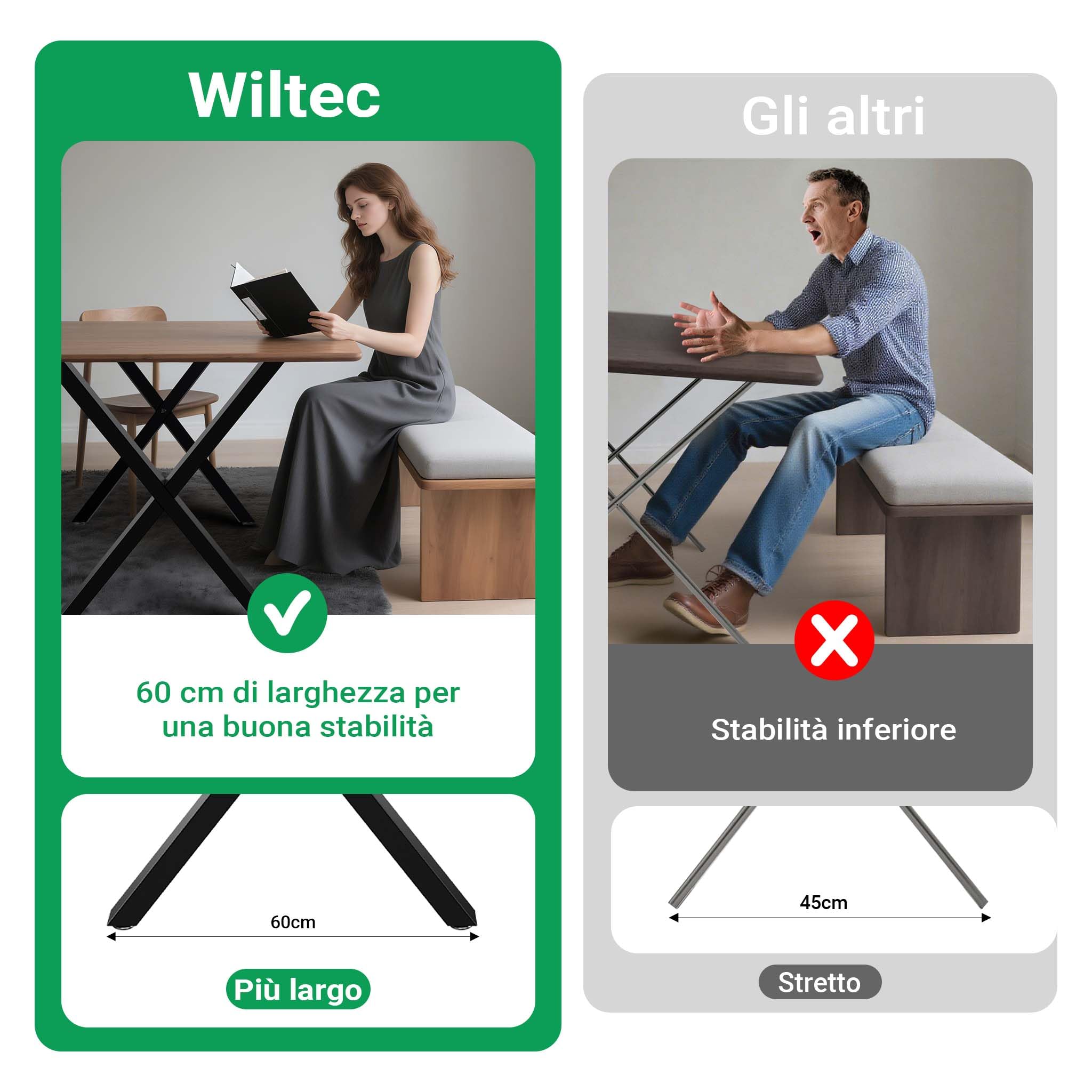 Wiltec Base Tavolo 72x60 cm Gambe a X Nero Acciaio