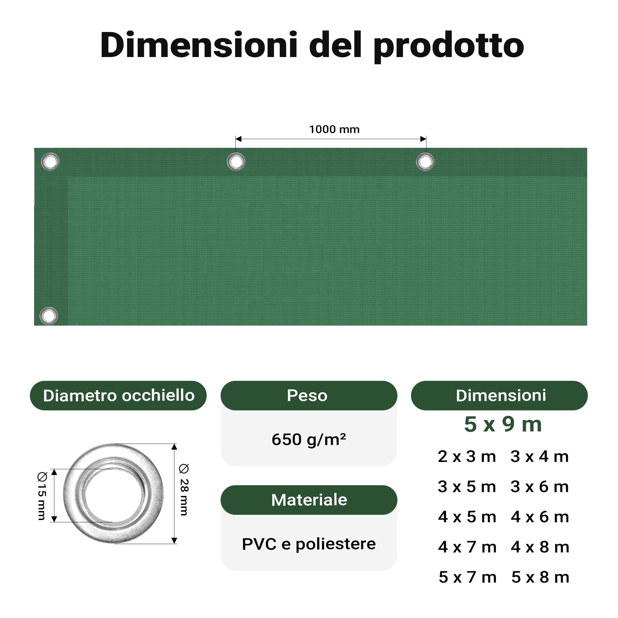 Wiltec Telone Occhiellato Verde 5x9 m 650 g/m² PVC