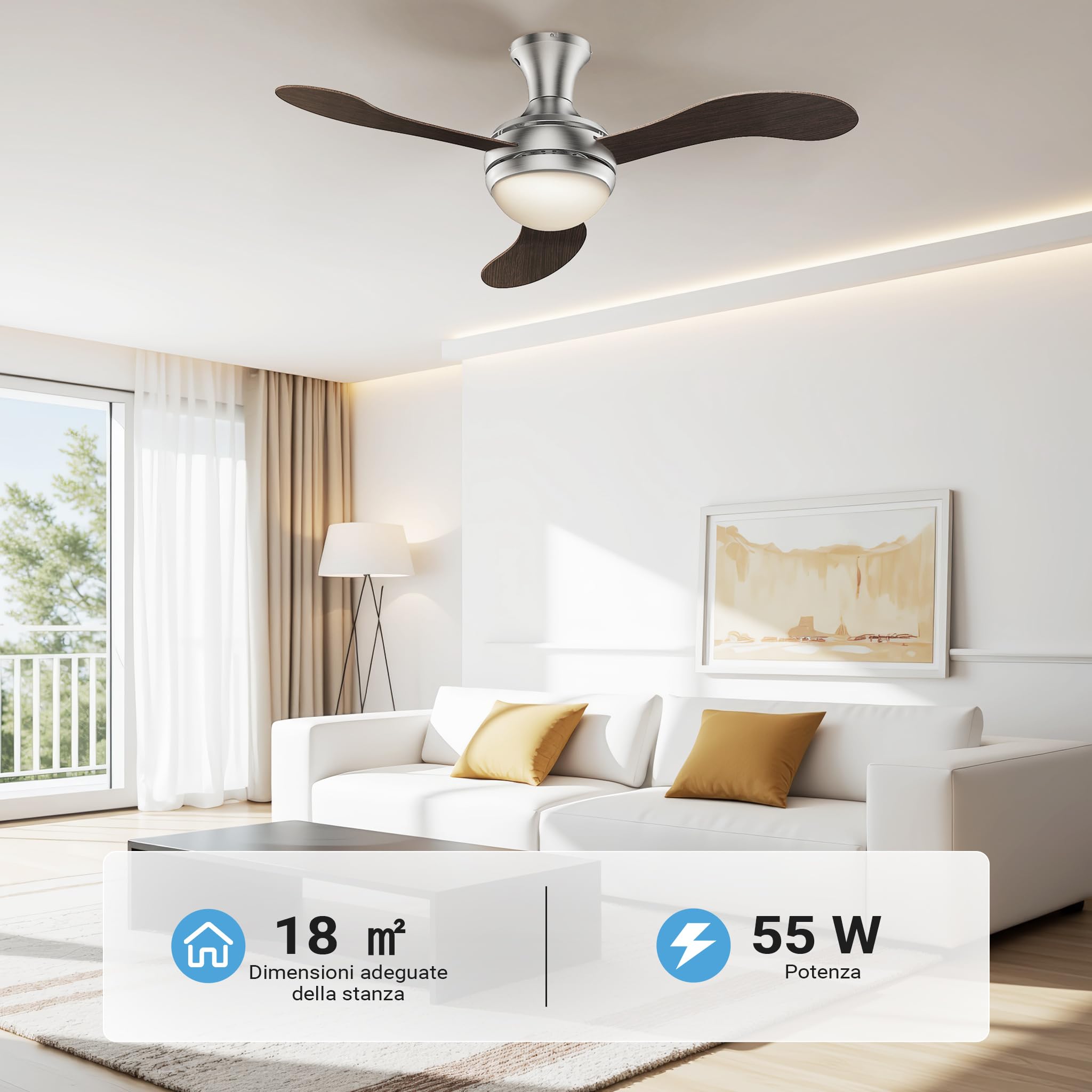 Wiltec Ventilatore da soffitto 130 cm 55W 3 pale con luce