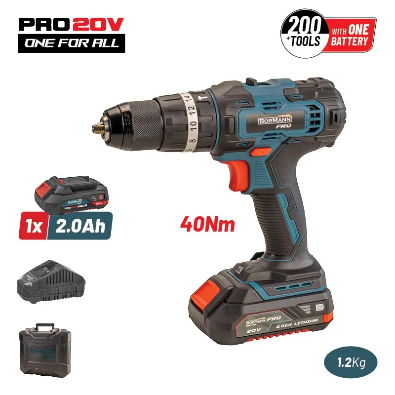 Bormann trapano percussione 20V 40Nm batteria 2Ah