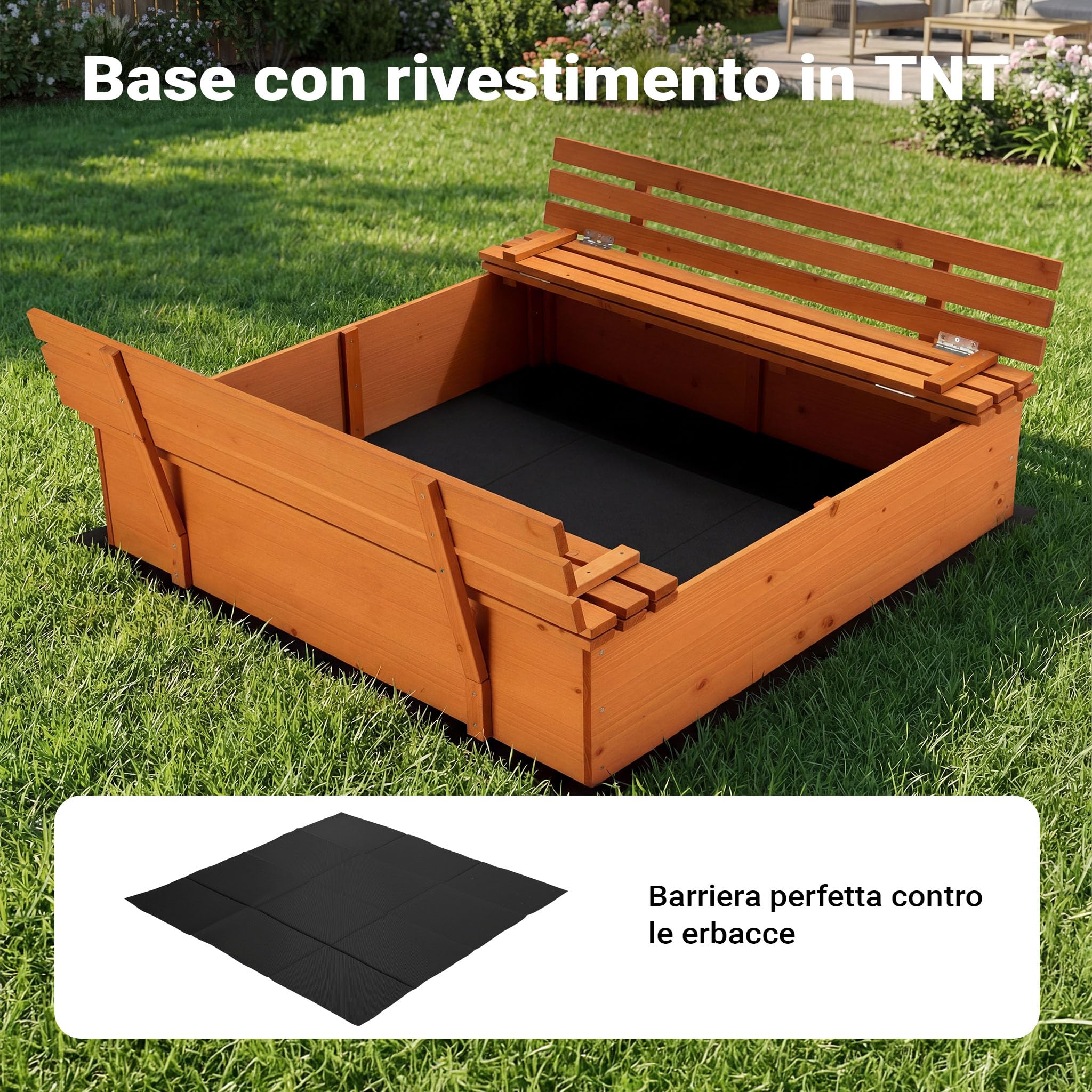 Wiltec Sabbiera 98x98x21 cm legno con panche e coperchio