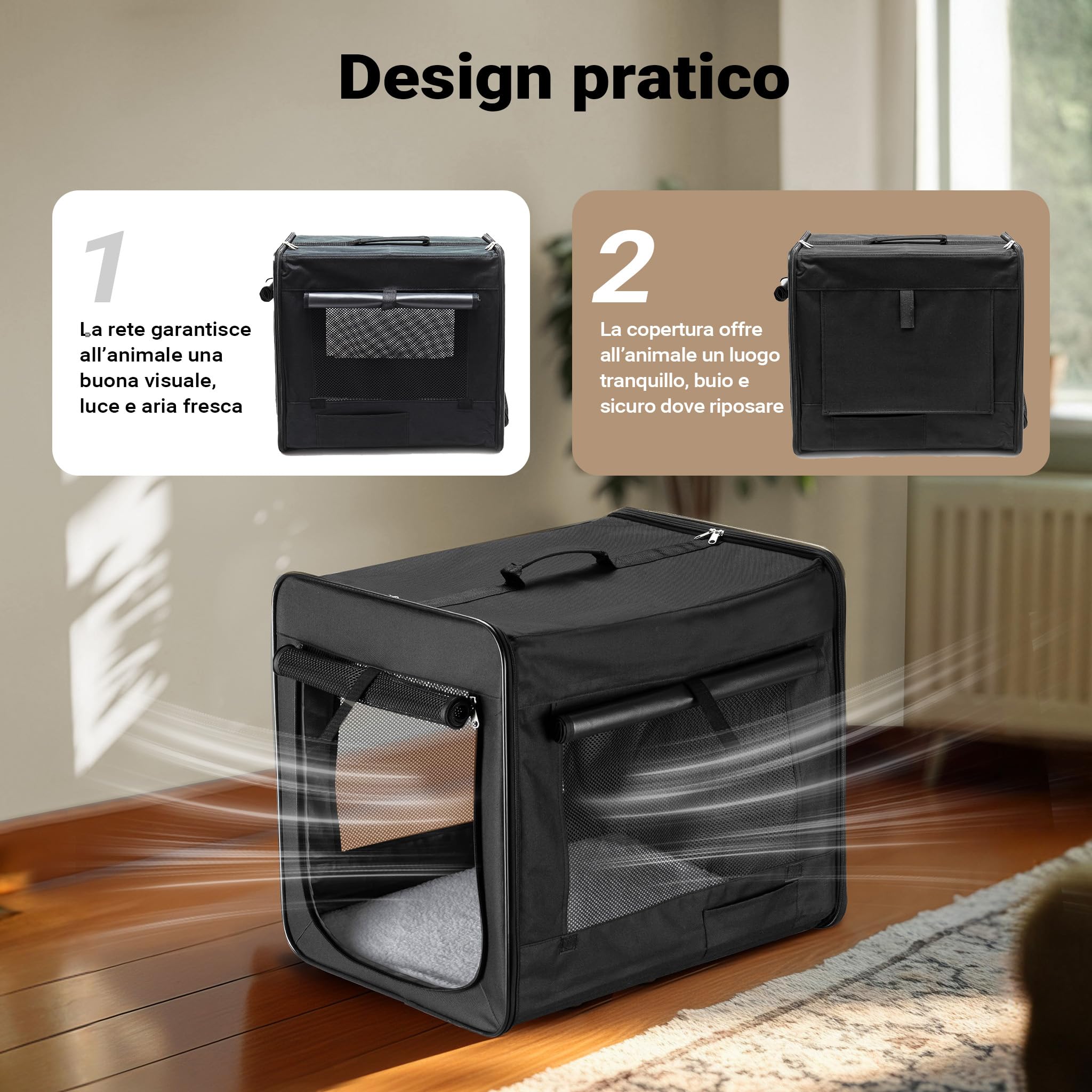 Wiltec trasportino pieghevole XL nero 94x66x74 cm con cuscino