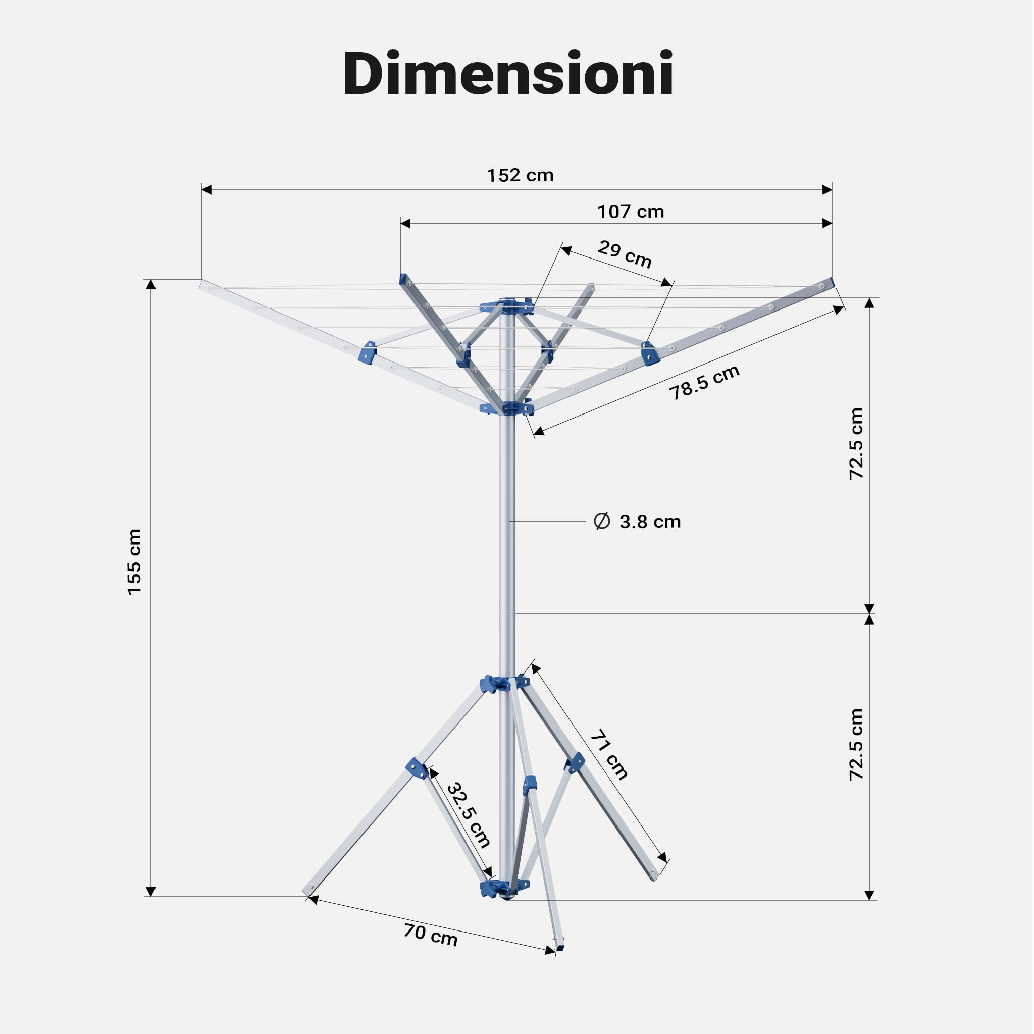 Wiltec Stendibiancheria a Ombrello 16 m alluminio 155 cm