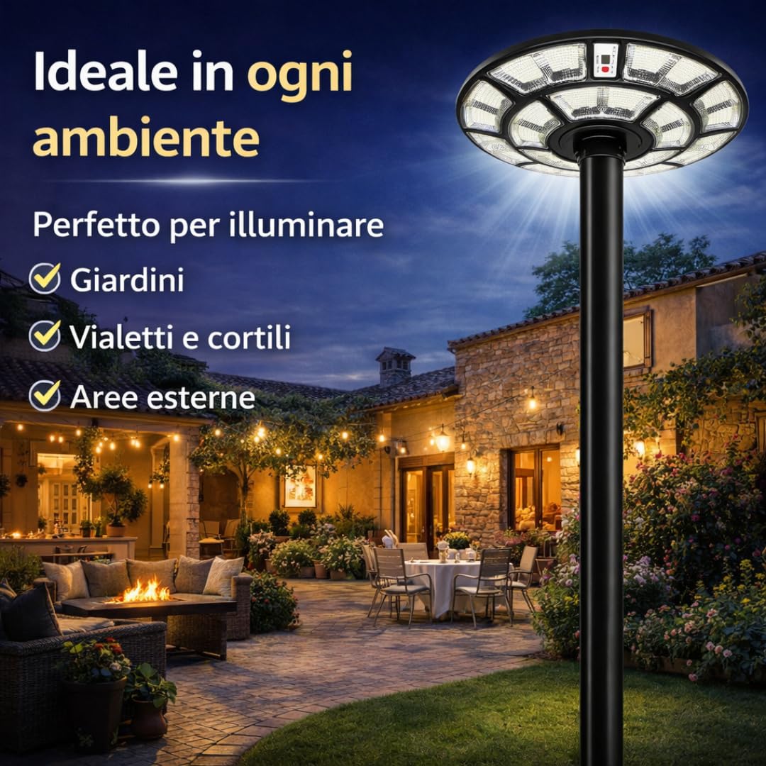 DE ROSA SHOP UFO 1200W Lampione Solare LED Esterno IP67