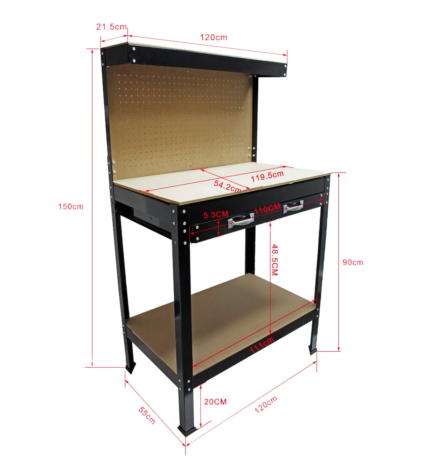 Wiltec Banco da Lavoro 1200x550x1500mm con Pannello e Cassetto
