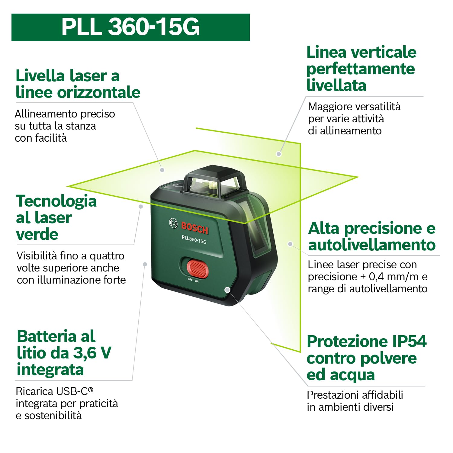 Bosch PLL360-15G livella laser linee verdi 360° batteria USB-C