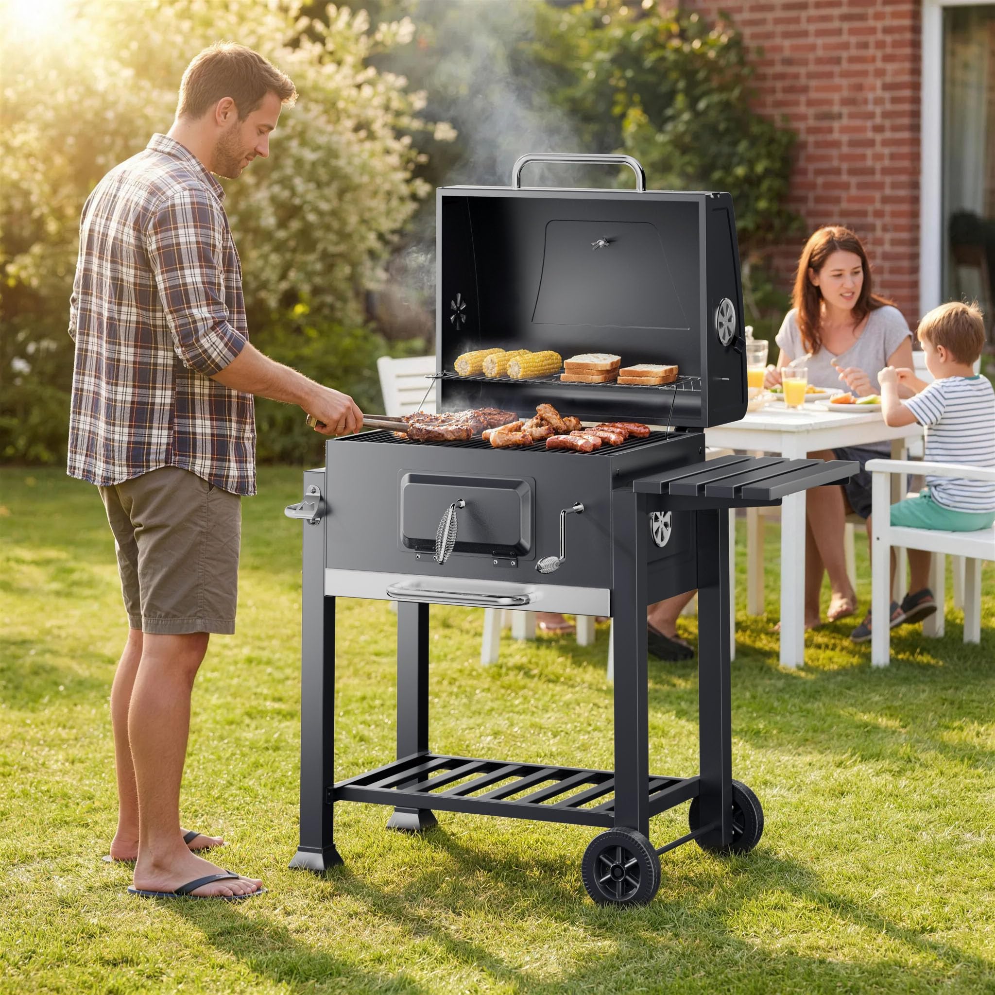 Wiltec Barbecue a Carbone Carrellato con Coperchio Termometro