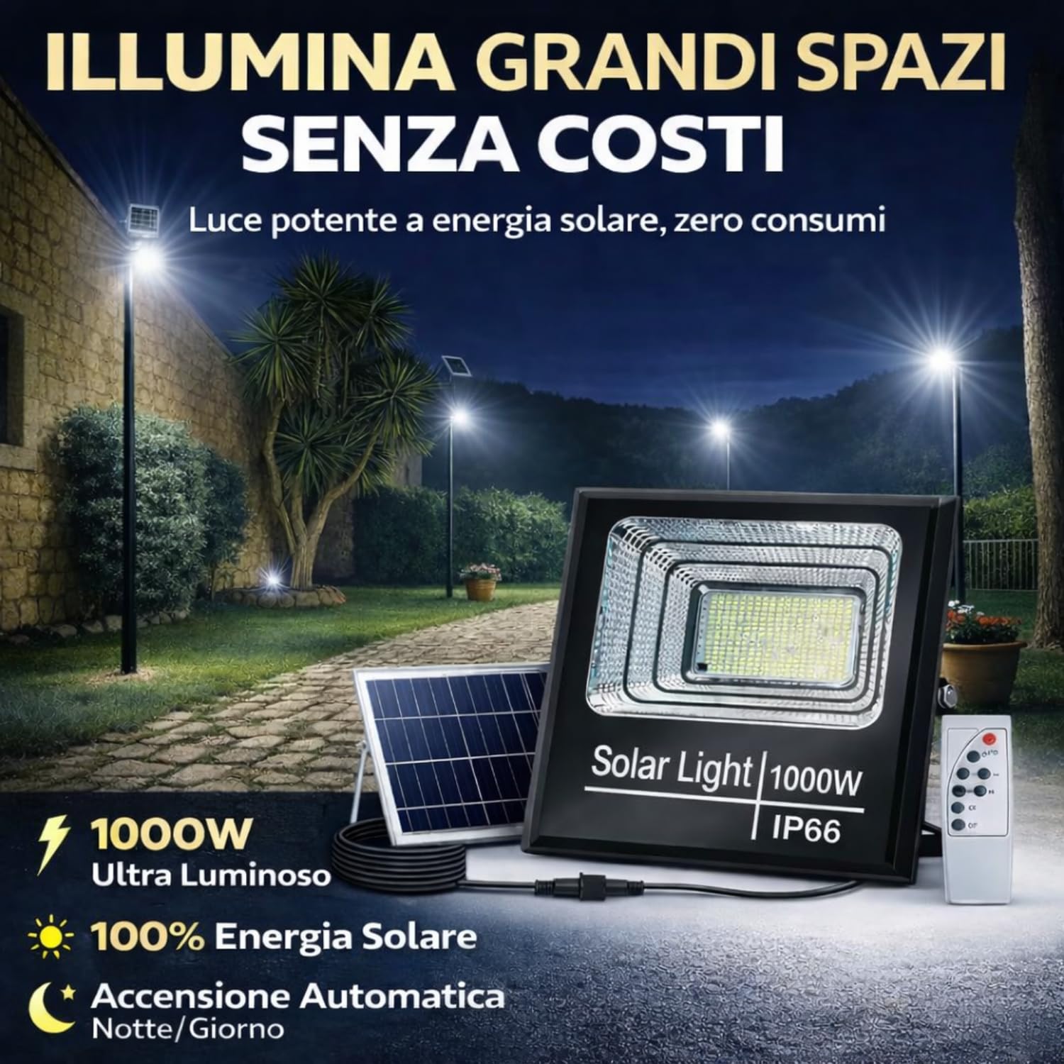 De Rosa Shop faro solare LED 1000W esterno telecomando IP67