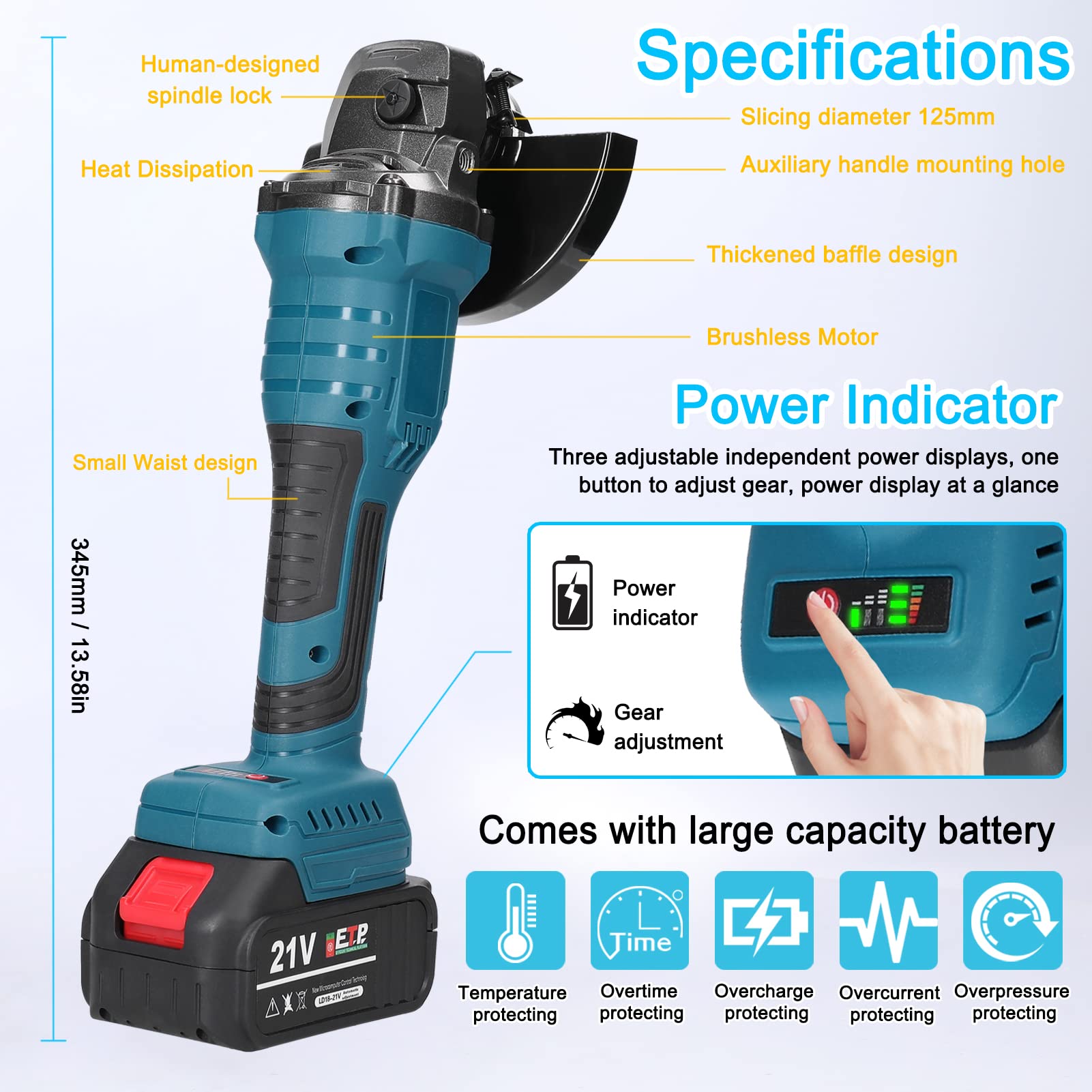 Weytoll 21V Smerigliatrice angolare batteria 125 mm 2 batterie