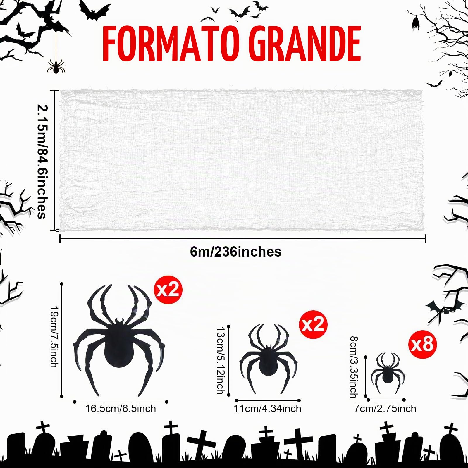 Wzone decorazione Halloween tulle bianco 215x600 cm 12 ragni