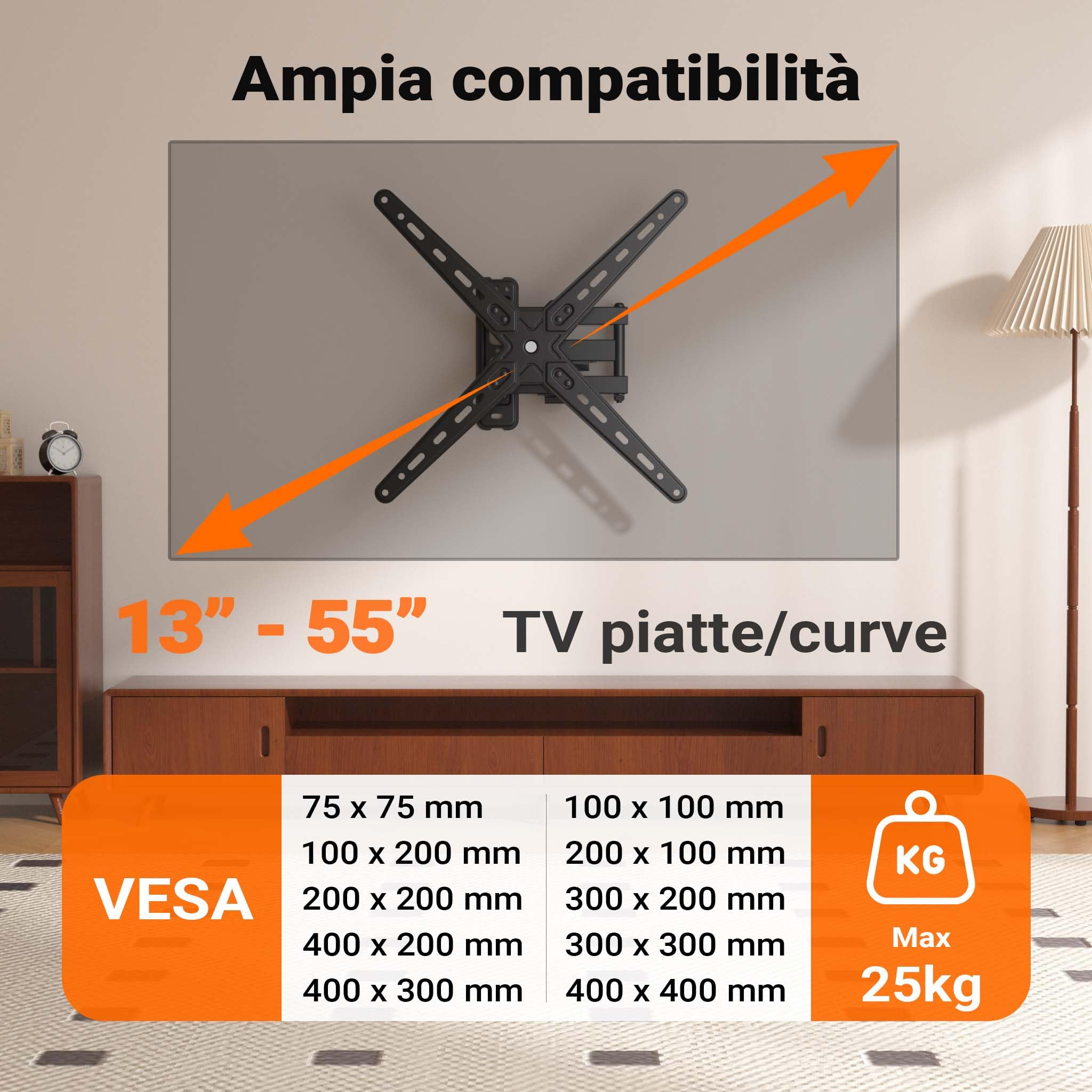Wiltec supporto TV 13-55" braccio snodato 25 kg VESA