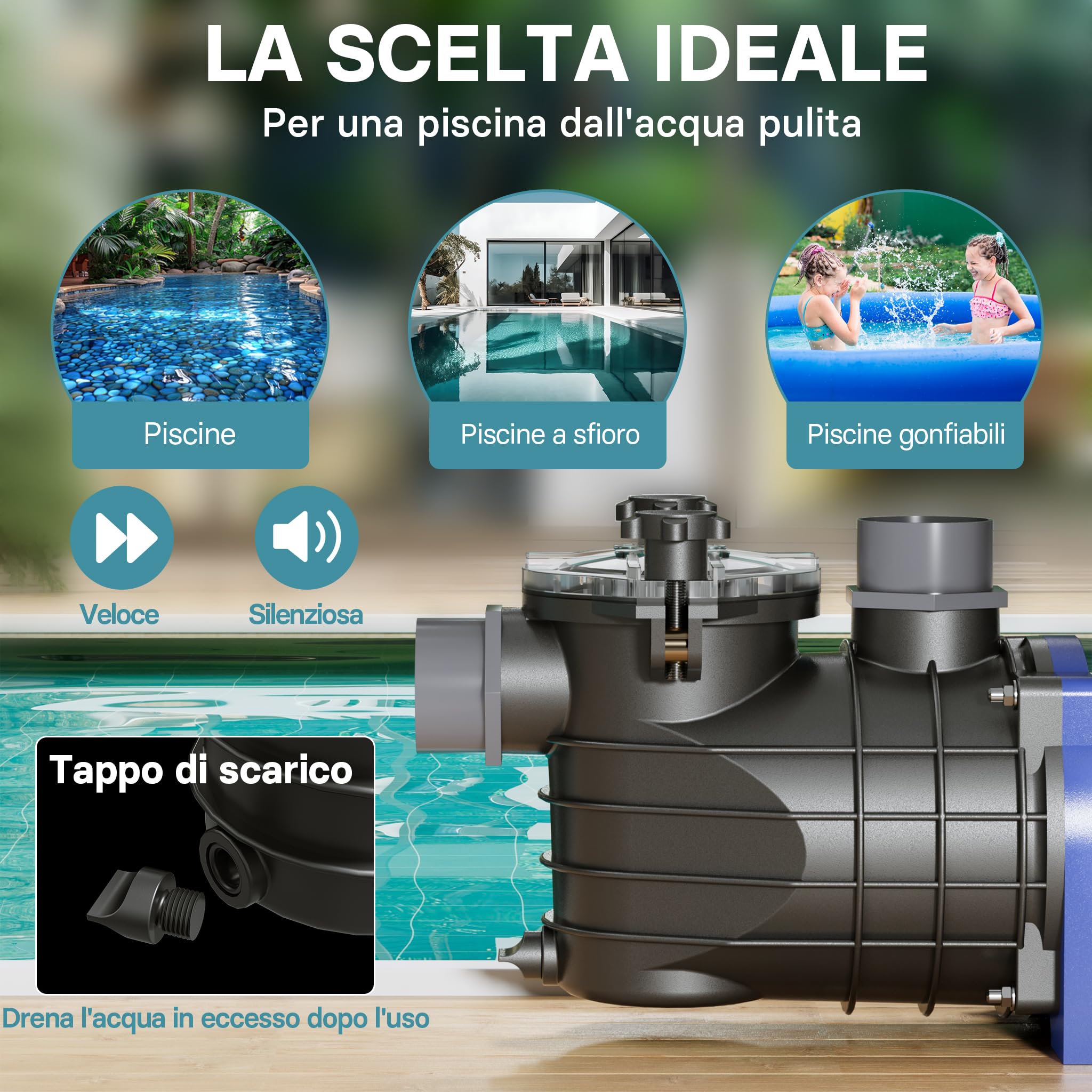 Wiltec Pompa Piscina 13200 l/h 370W con filtro