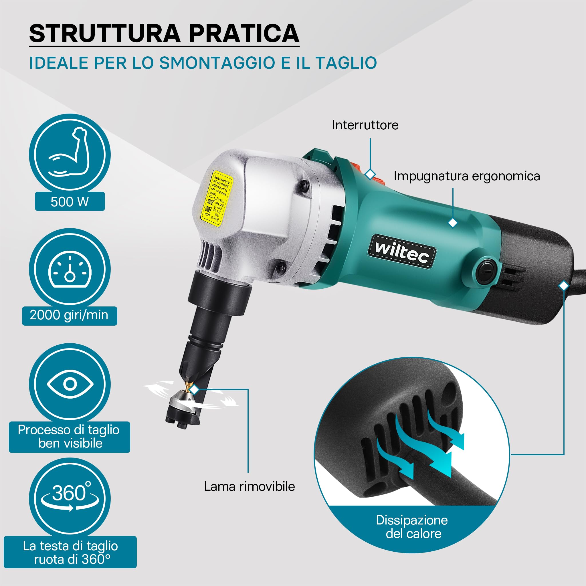 Wiltec Roditrice Lamiera 500 W Taglio 2,5 mm 360°