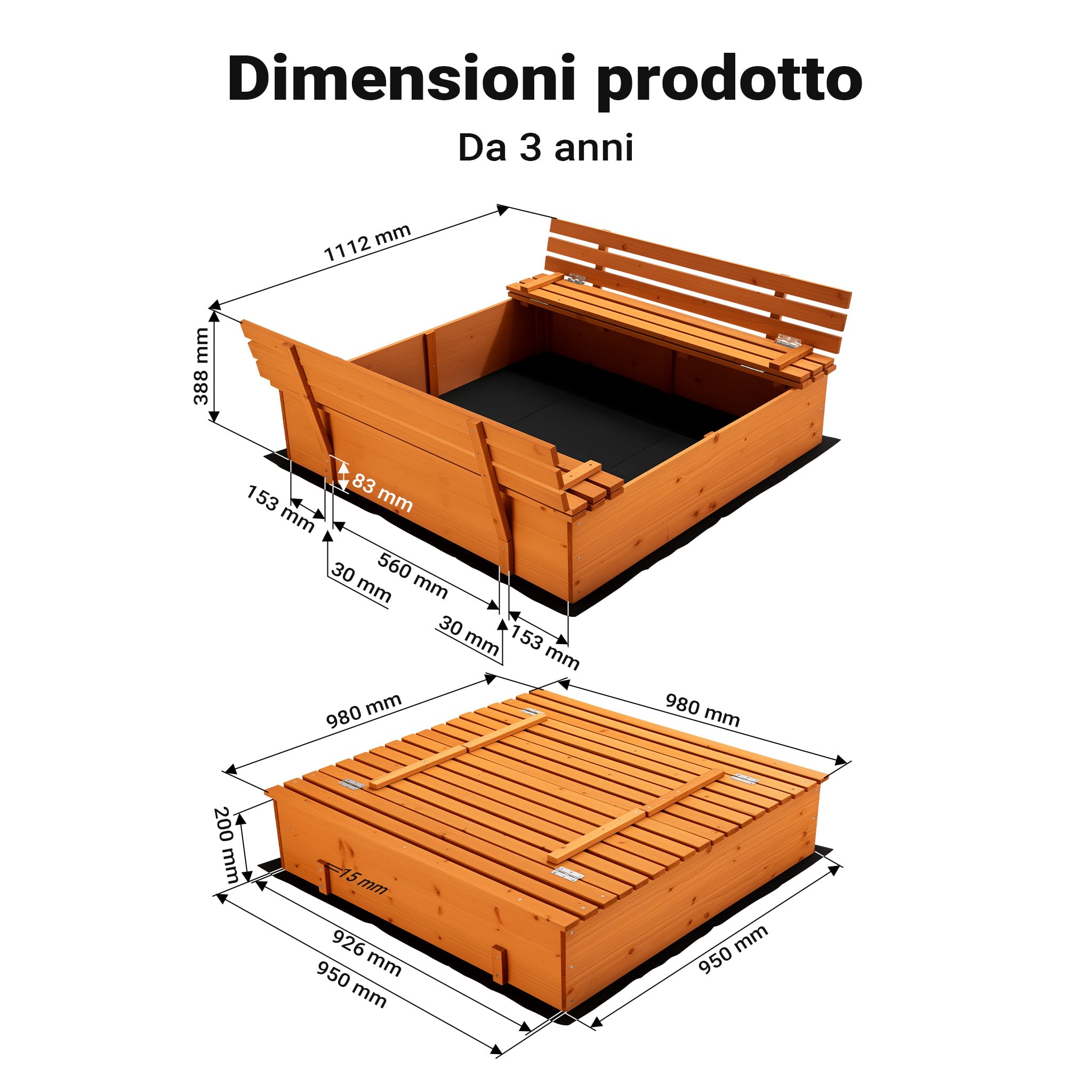 Wiltec Sabbiera 98x98x21 cm legno con panche e coperchio