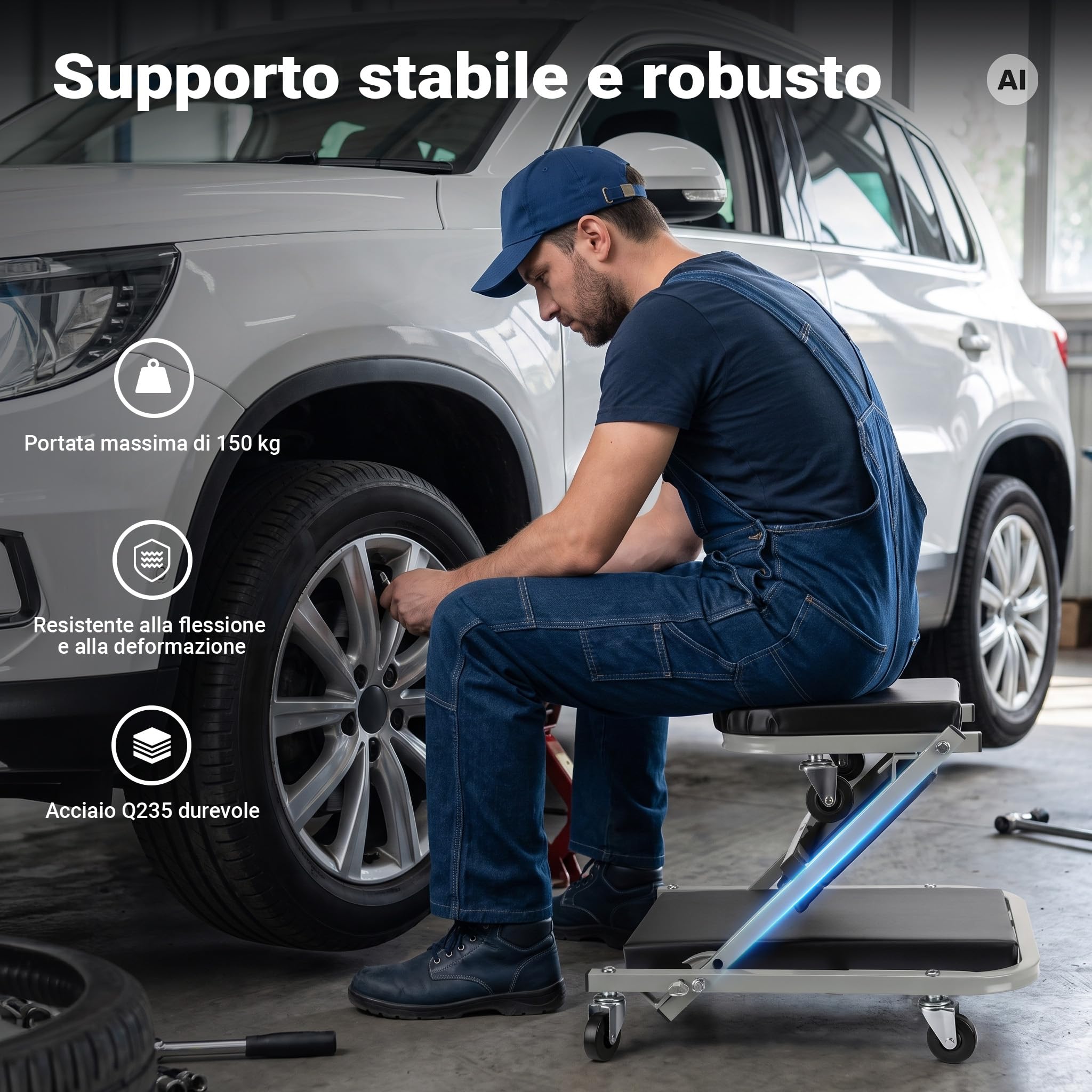 Wiltec Sdraio Sgabello Officina 2in1 Lettino 90x41,5cm 150kg
