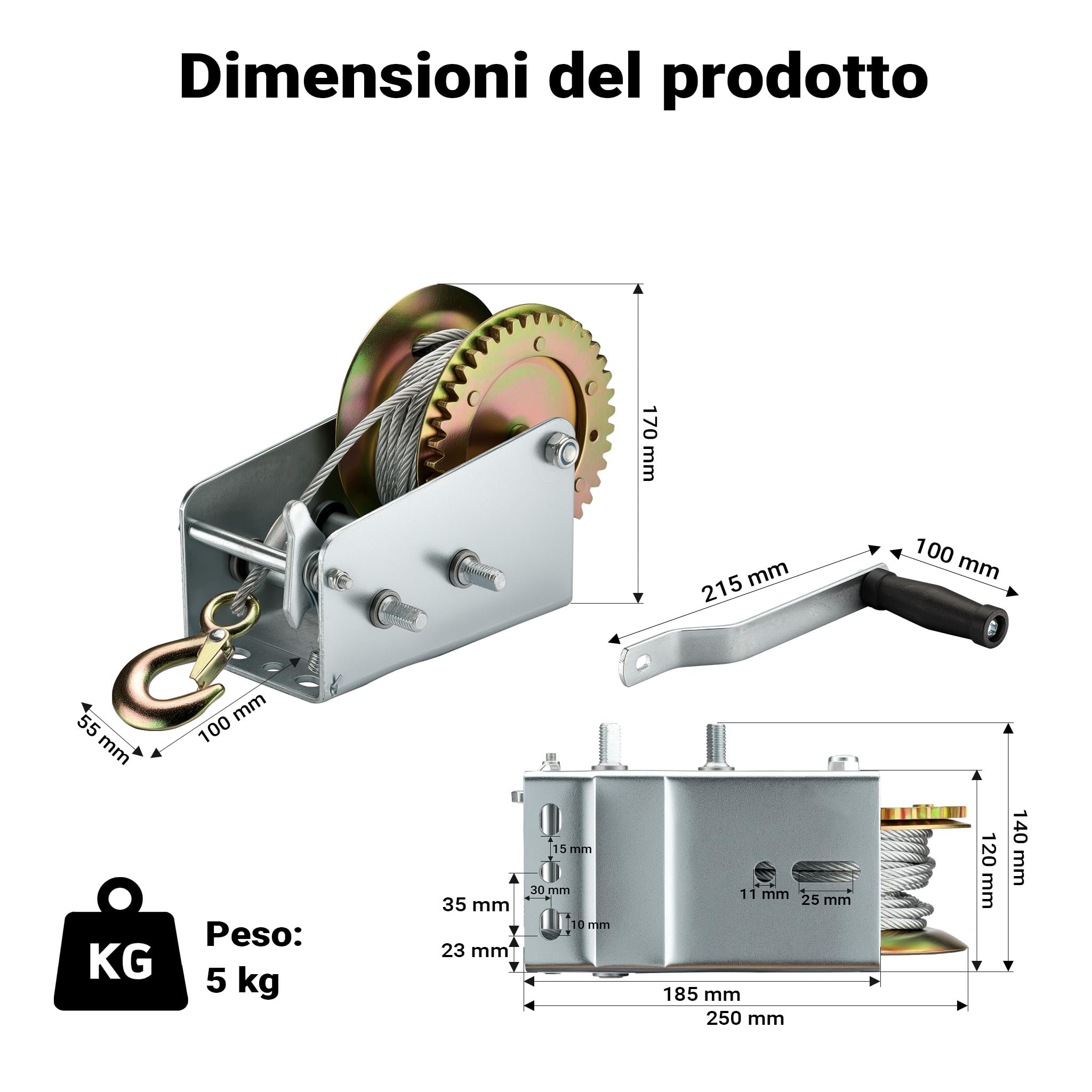 Wiltec Verricello manuale 1100 kg fune 8 m 2 velocità