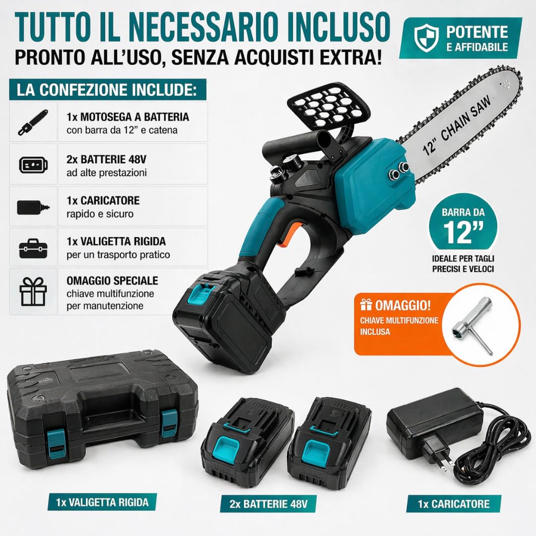 DE ROSA Motosega a Batteria 12" 48V con 2 Batterie Potatura