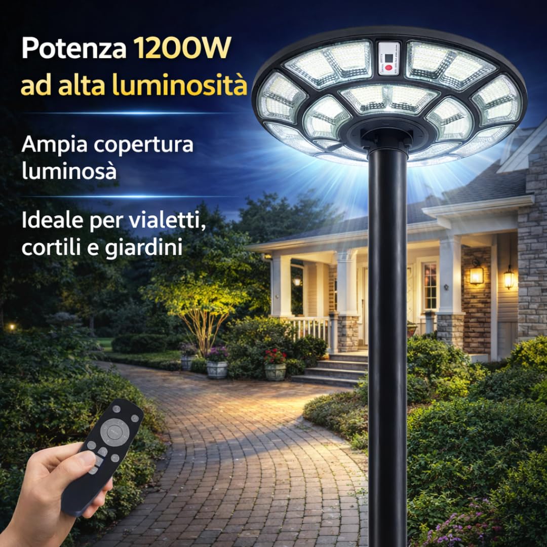 DE ROSA SHOP UFO 1200W Lampione Solare LED Esterno IP67