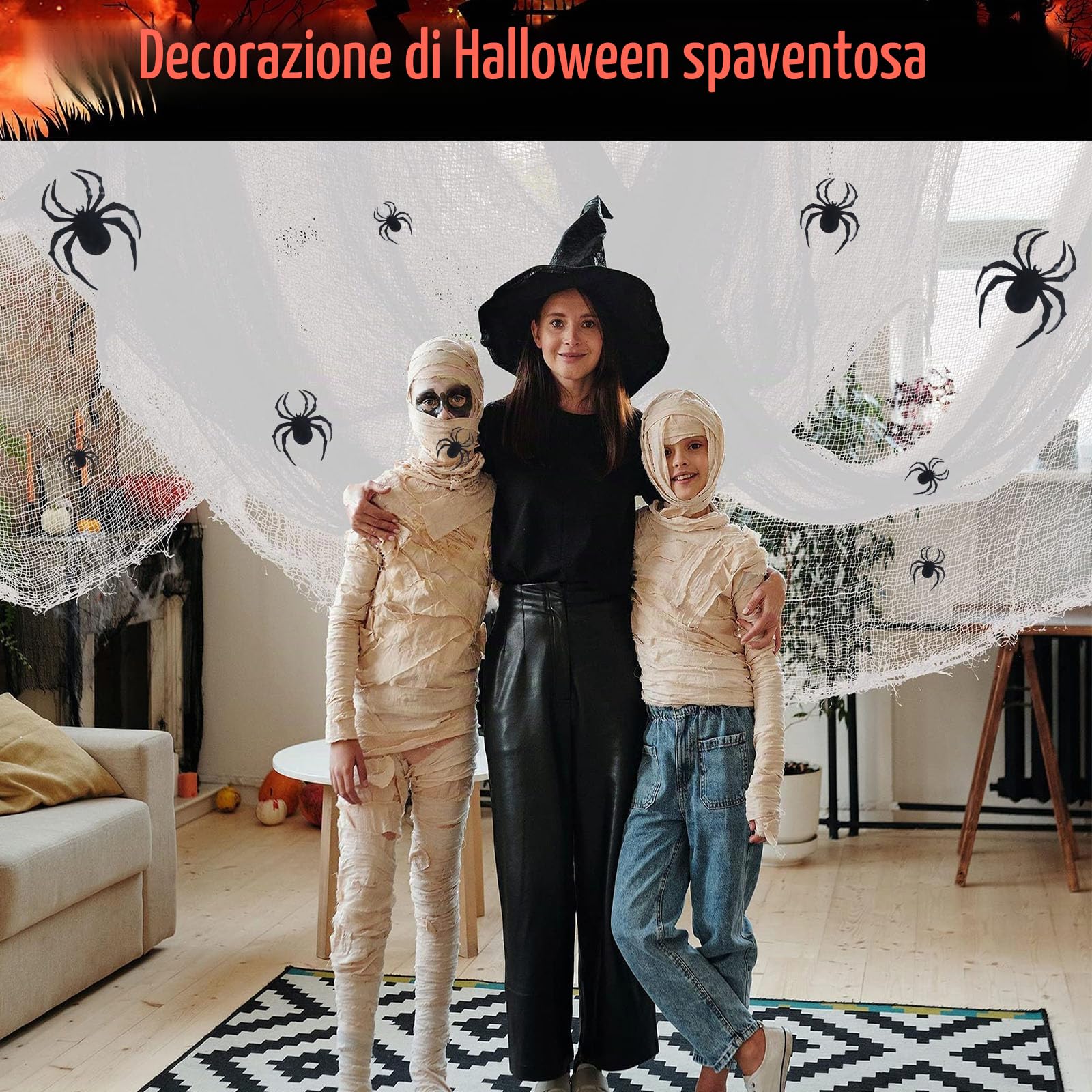 Wzone decorazione Halloween tulle bianco 215x600 cm 12 ragni