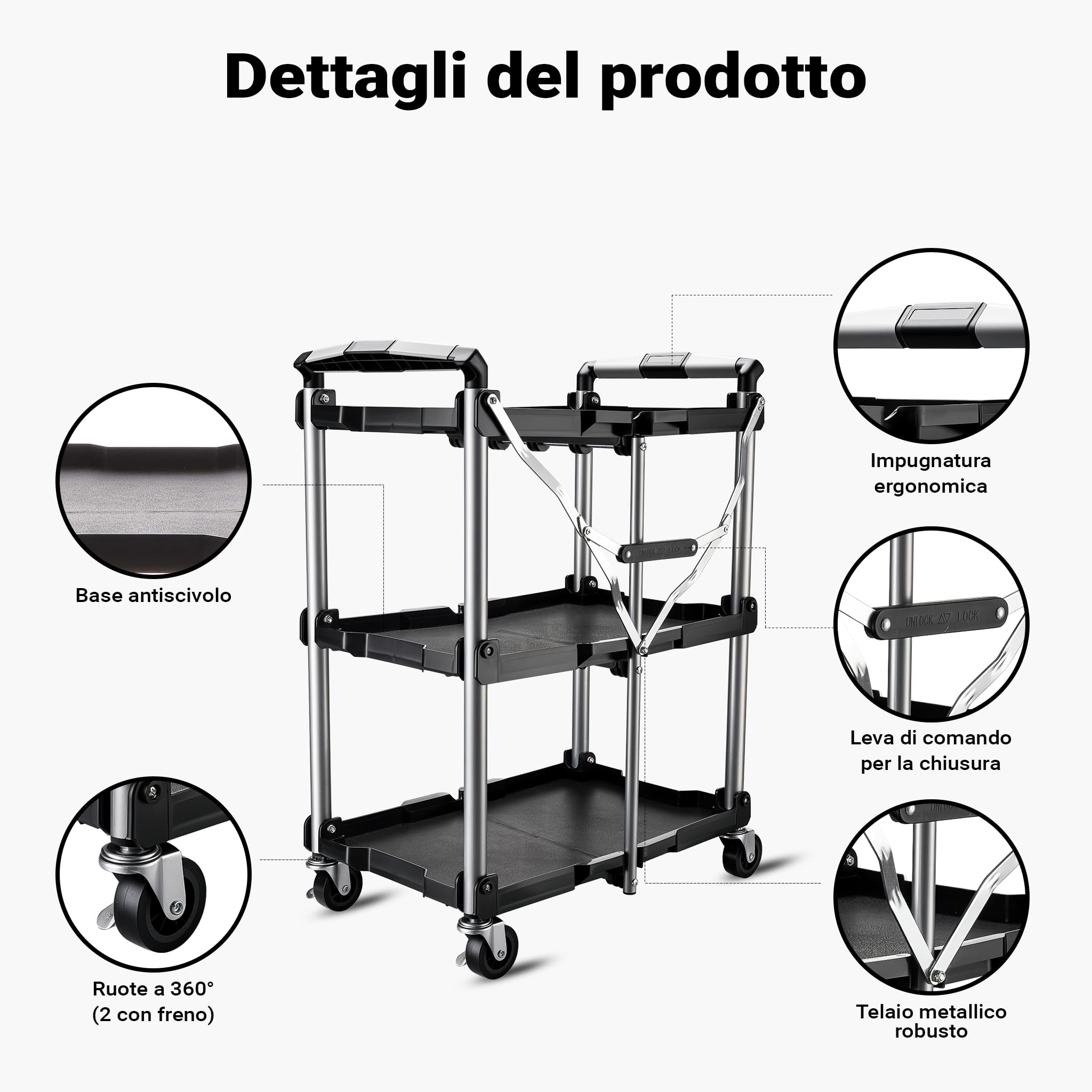 Wiltec Carrello Pieghevole 3 Piani 120 kg 64,5 cm