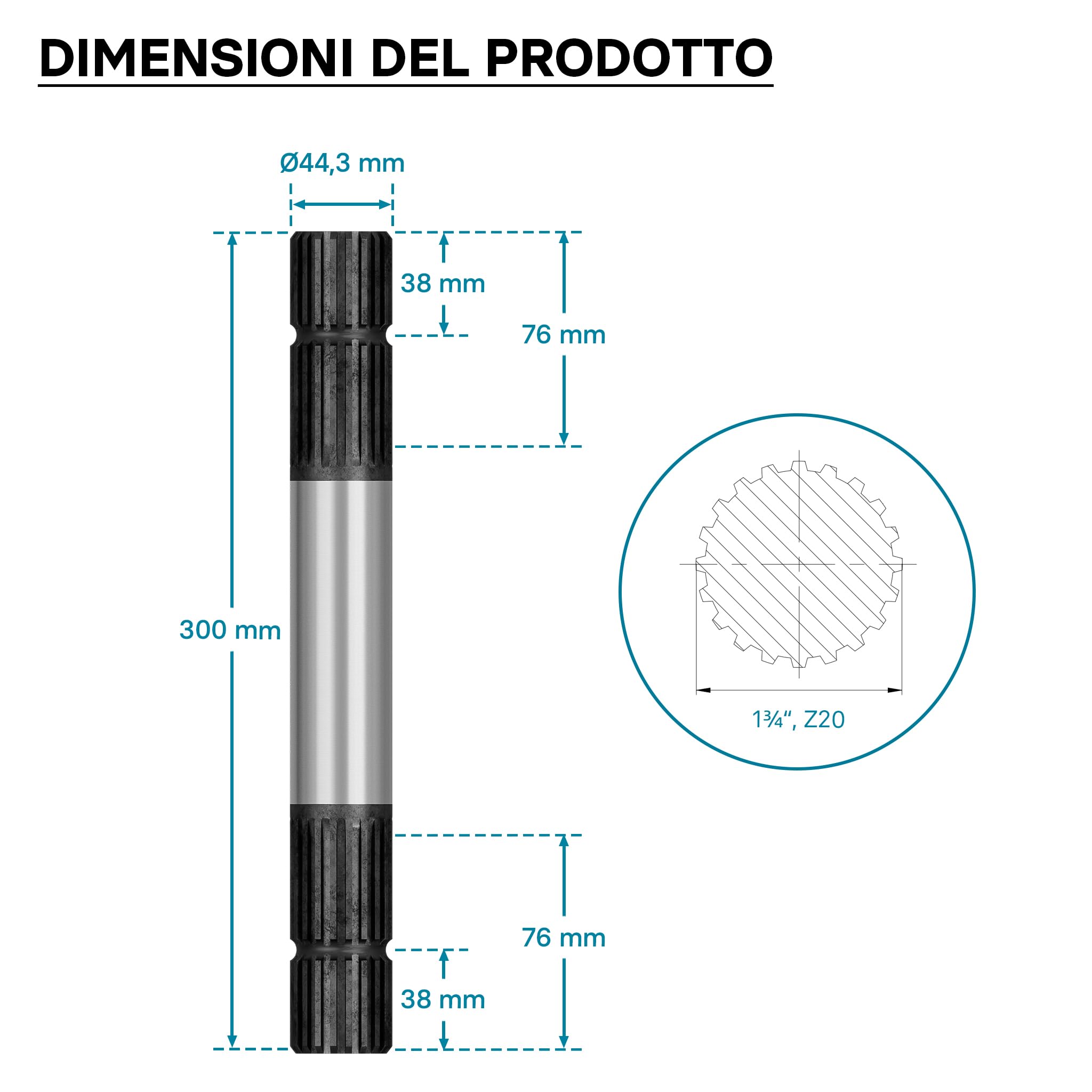 Wiltec E2 Albero Scanalato 300 mm 1 3/4" 20 Denti per Cardano