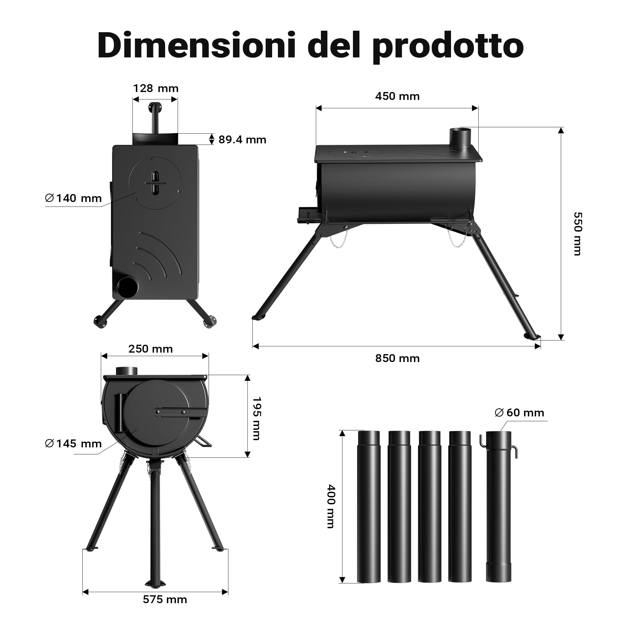 Wiltec Stufa a Legna Campeggio Acciaio 85x57,5x238 cm