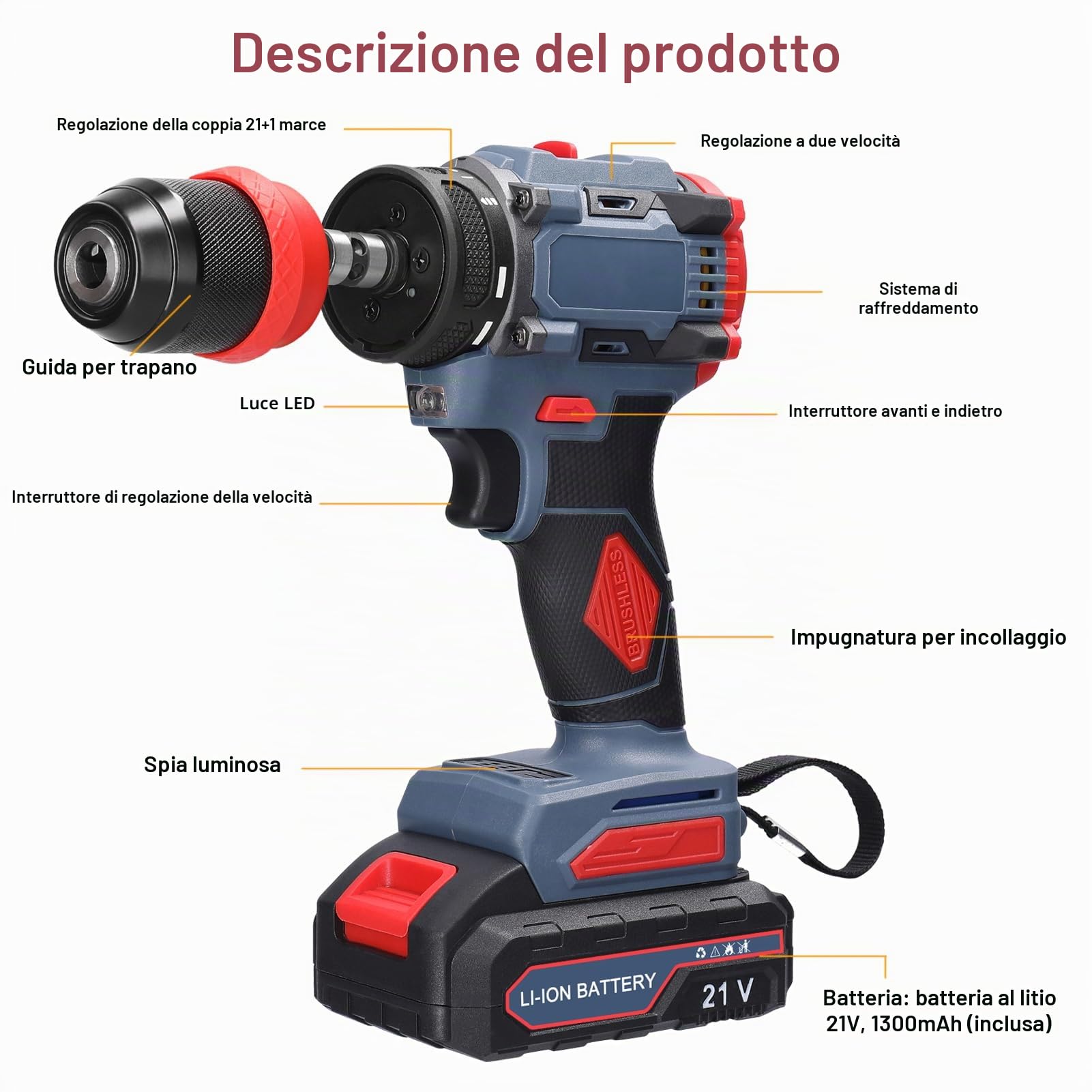 Weytoll Trapano Avvitatore Batteria 21V 55Nm Brushless 2in1