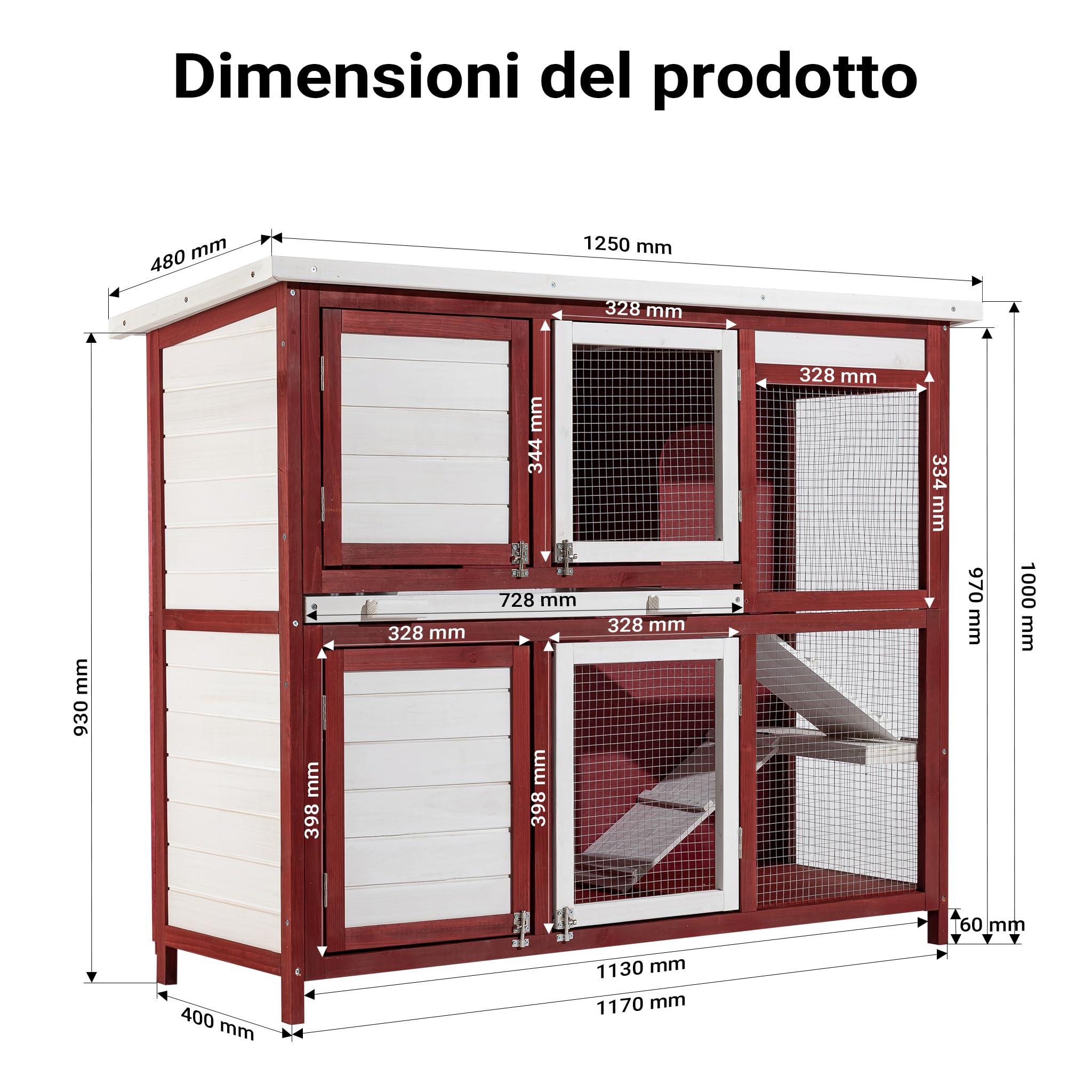 Wiltec Conigliera 2 piani legno 117,5 cm rosso-bianco