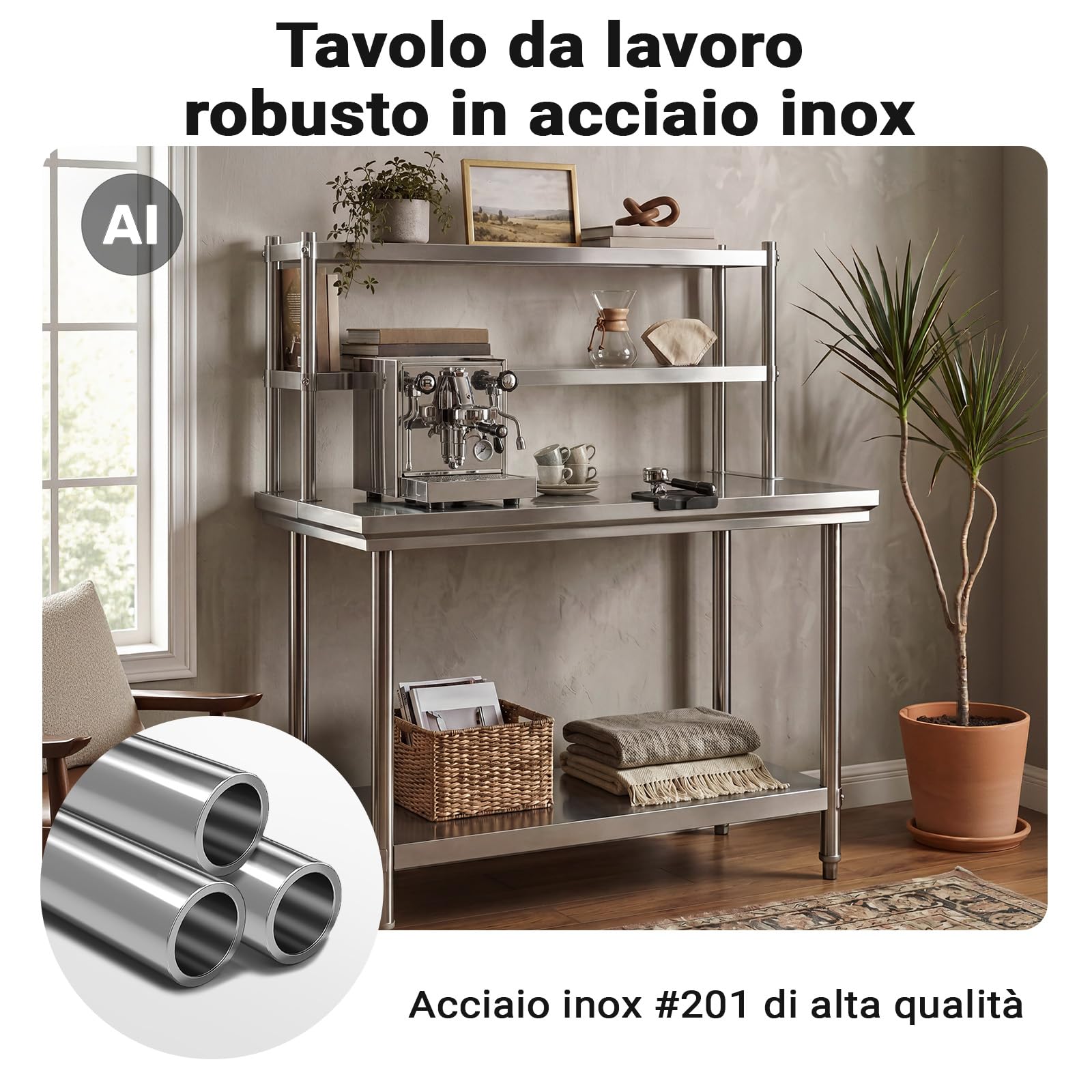 Wiltec Tavolo Lavoro Acciaio Inox 120x60x145 cm 2 Ripiani