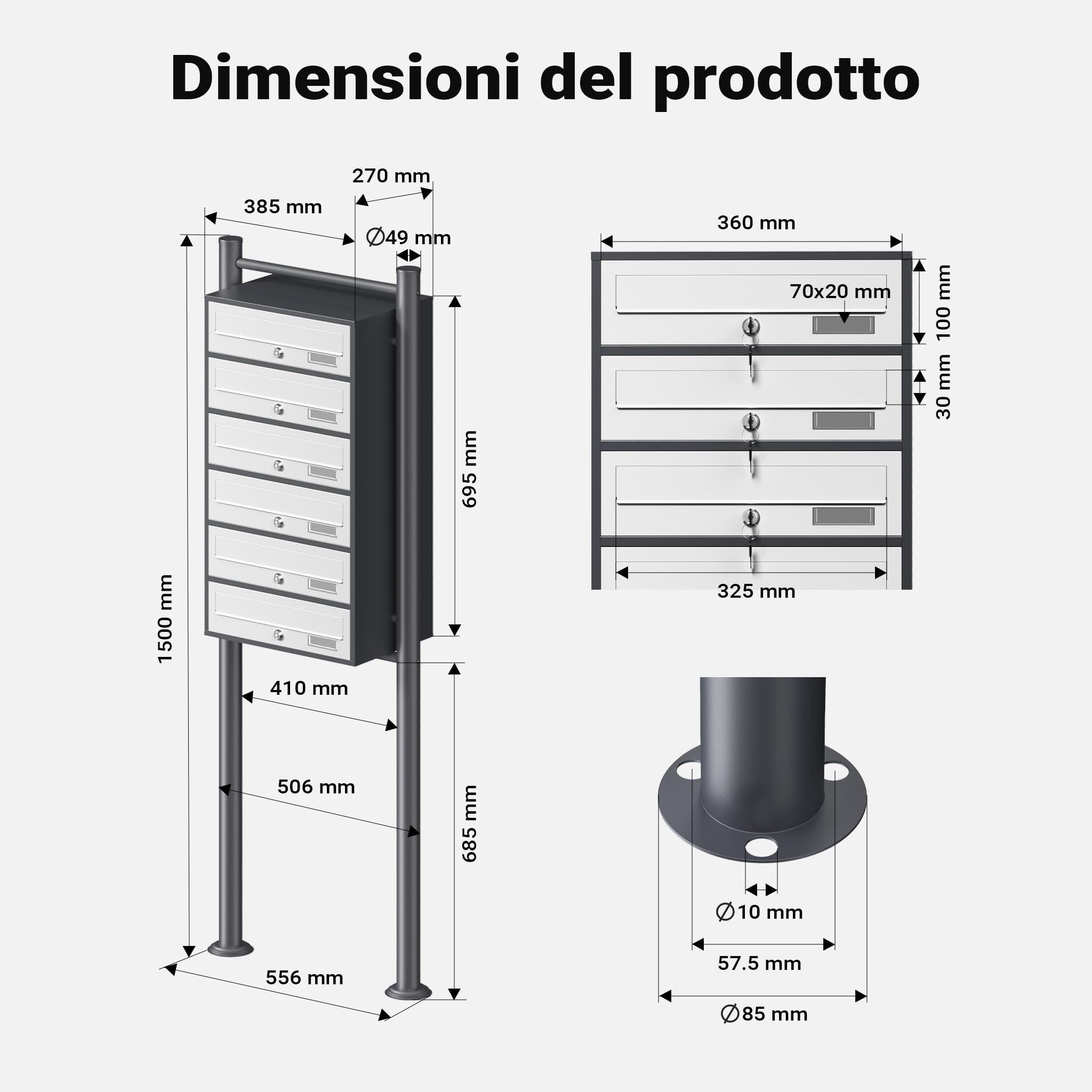 Wiltec Cassetta Postale 6 Posti Bianco Antracite 150 cm
