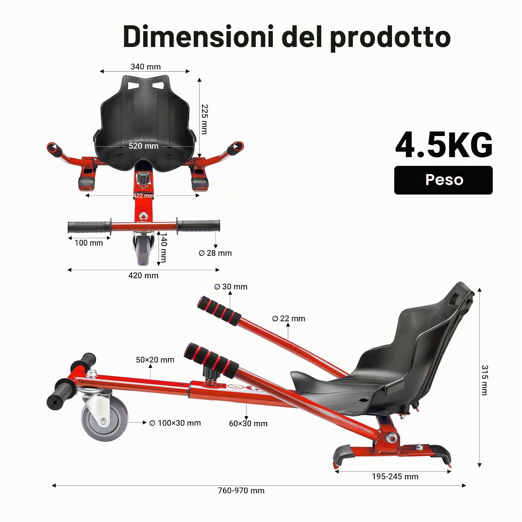 Wiltec Sedile Hoverboard Rosso 120 kg Regolabile Kart