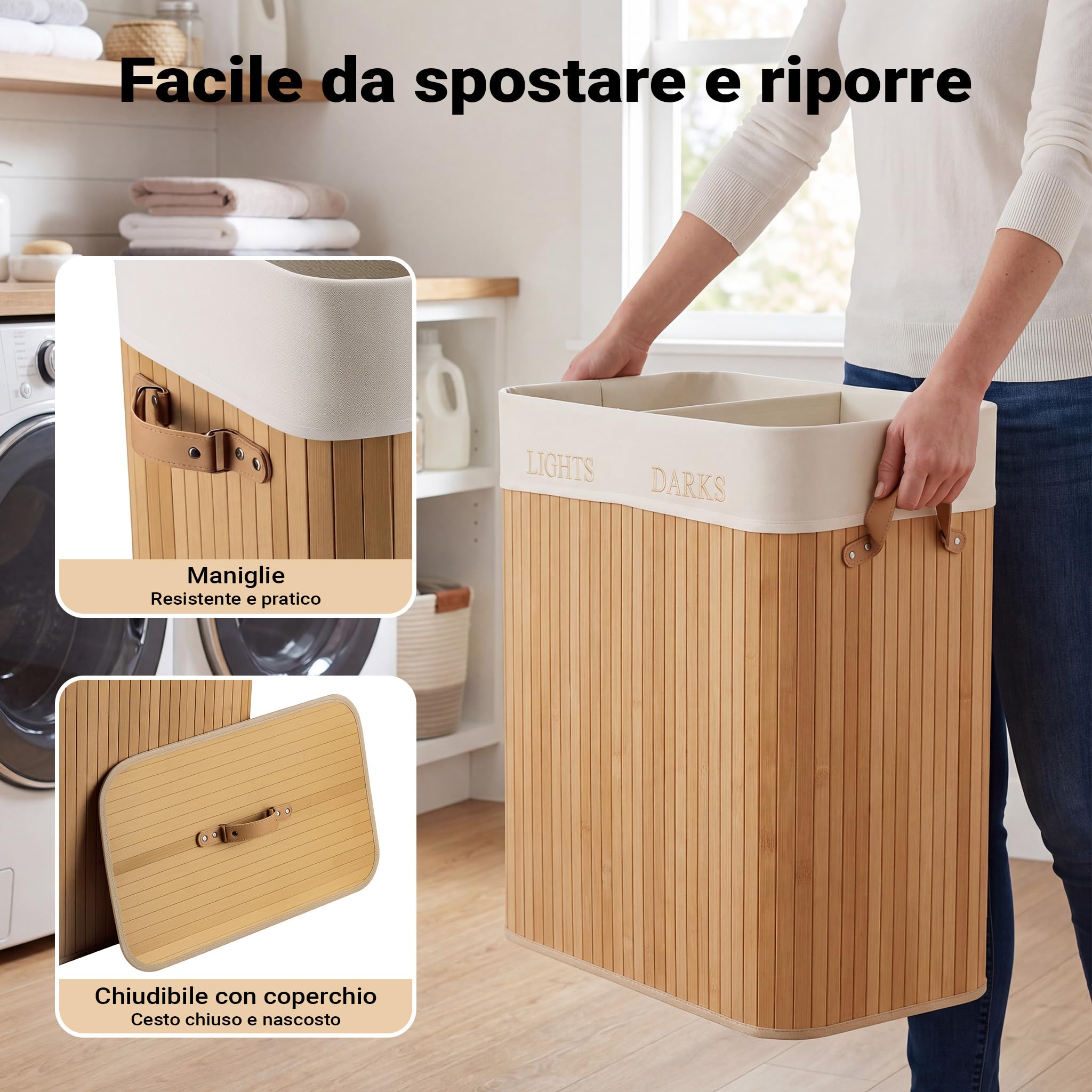 Wiltec Cesto Portabiancheria Bambù 105 L Doppio Scomparto