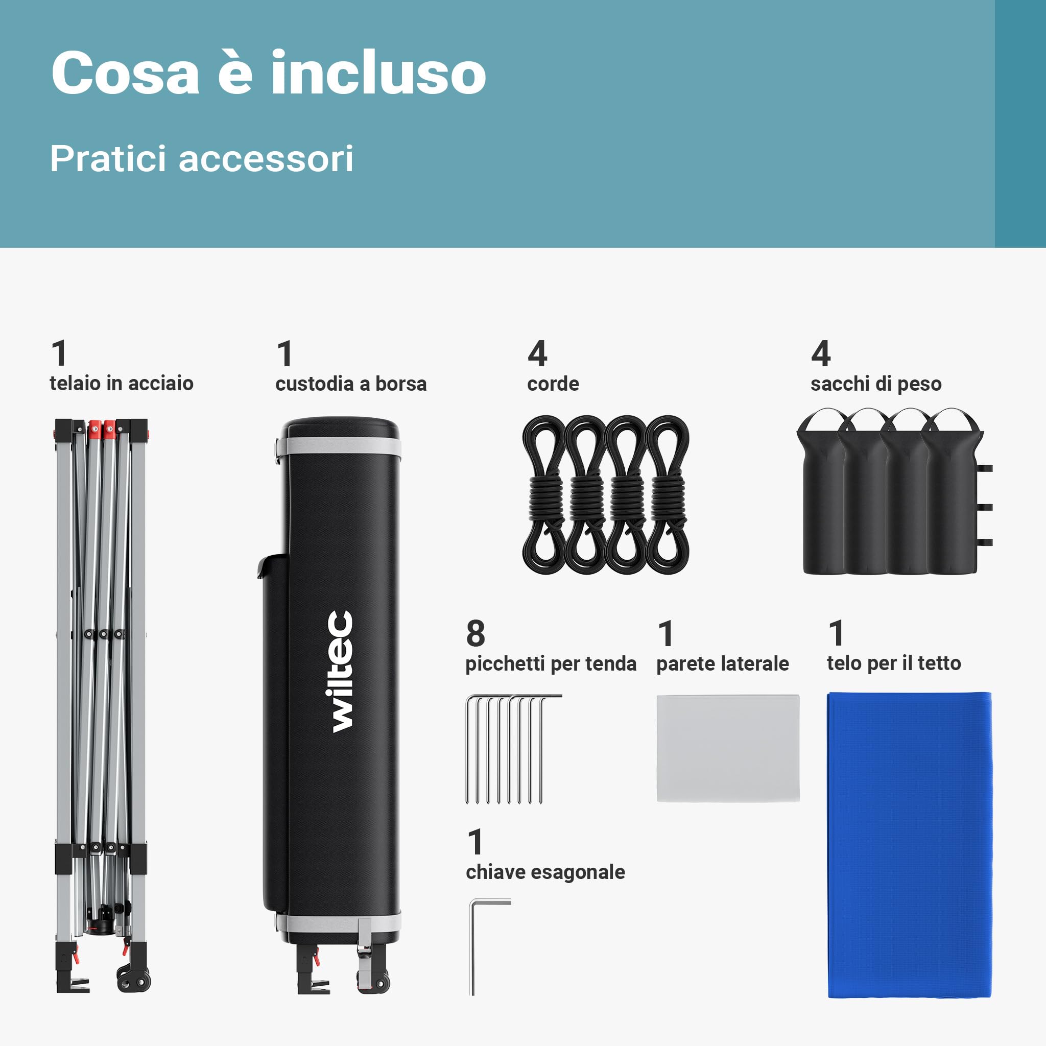 Wiltec Gazebo Pieghevole Pop-Up 3x3m Blu con Parete Laterale