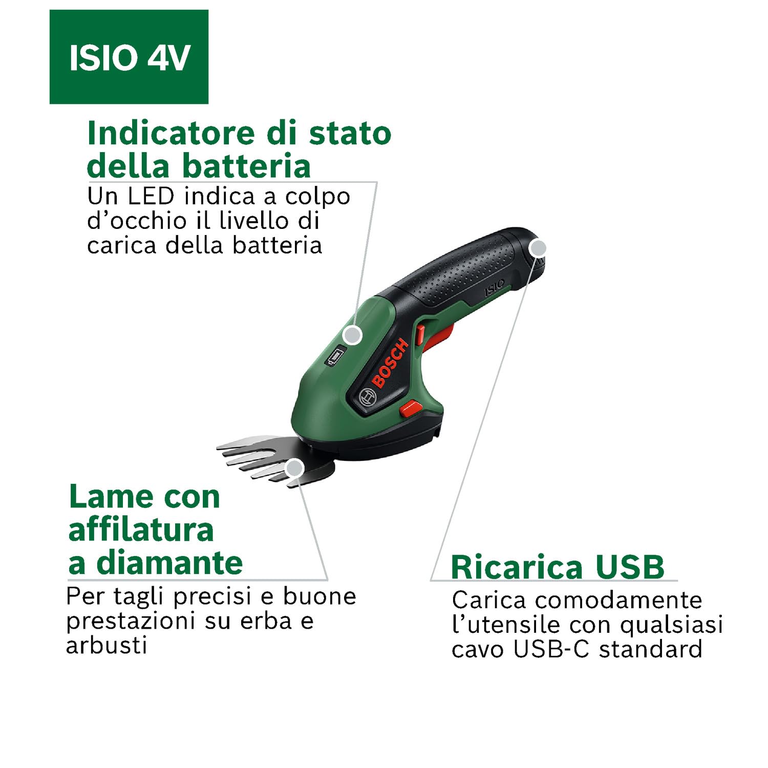 Bosch ISIO 4V forbici erba e sfoltirami batteria 80+120 mm