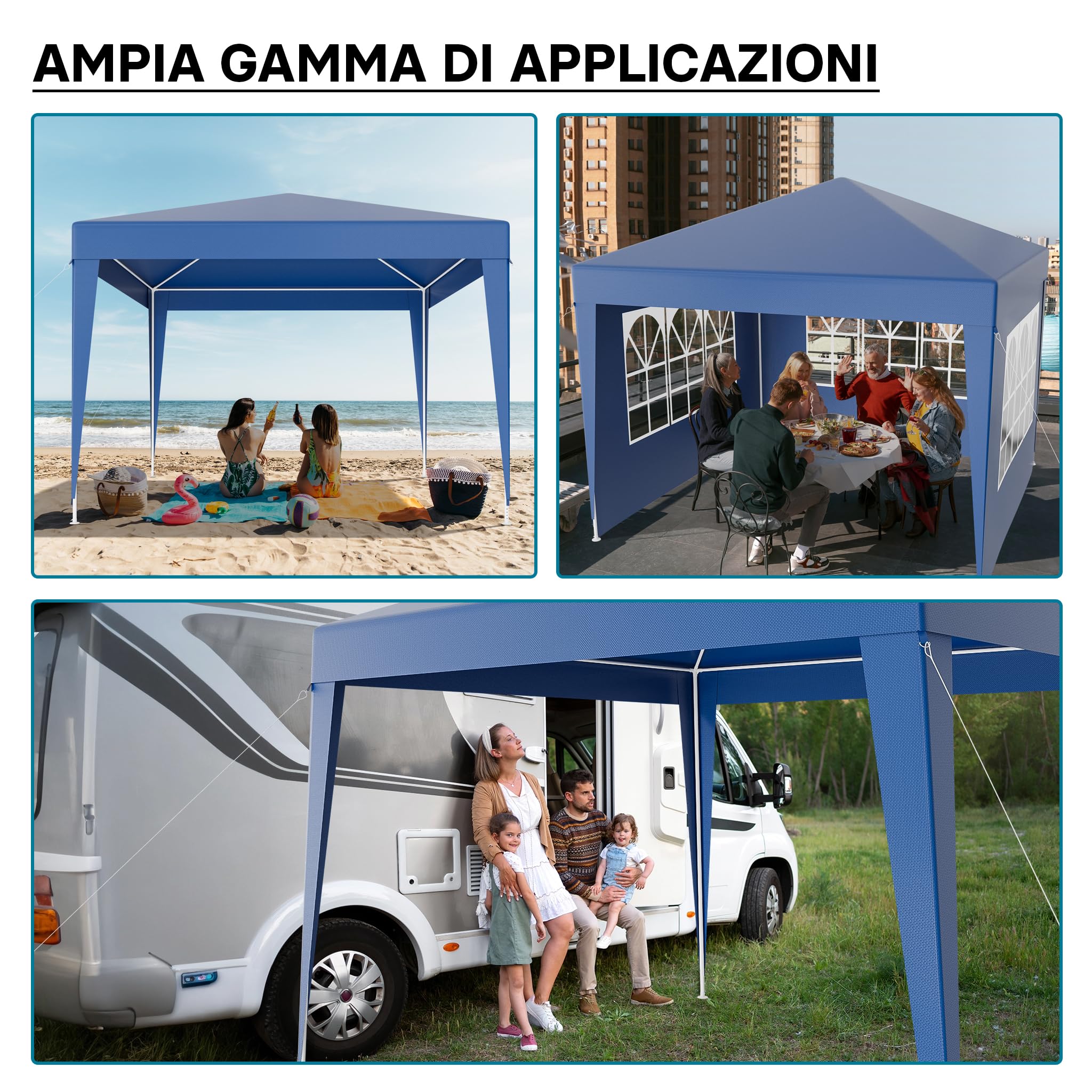 Wiltec Gazebo Blu 3x3m con Pareti Laterali Protezione UV50+