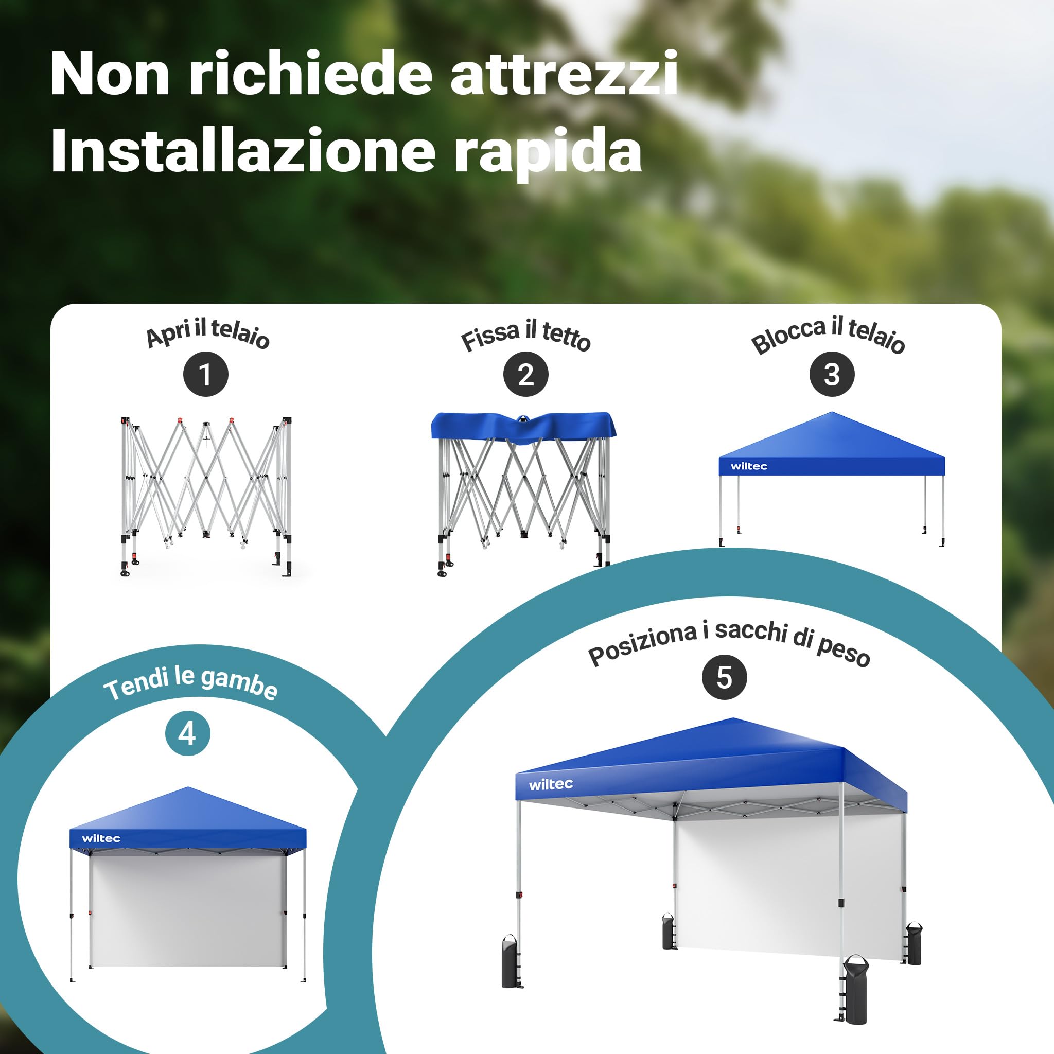 Wiltec Gazebo Pieghevole Blu 3x3m Telo 600D UV50+