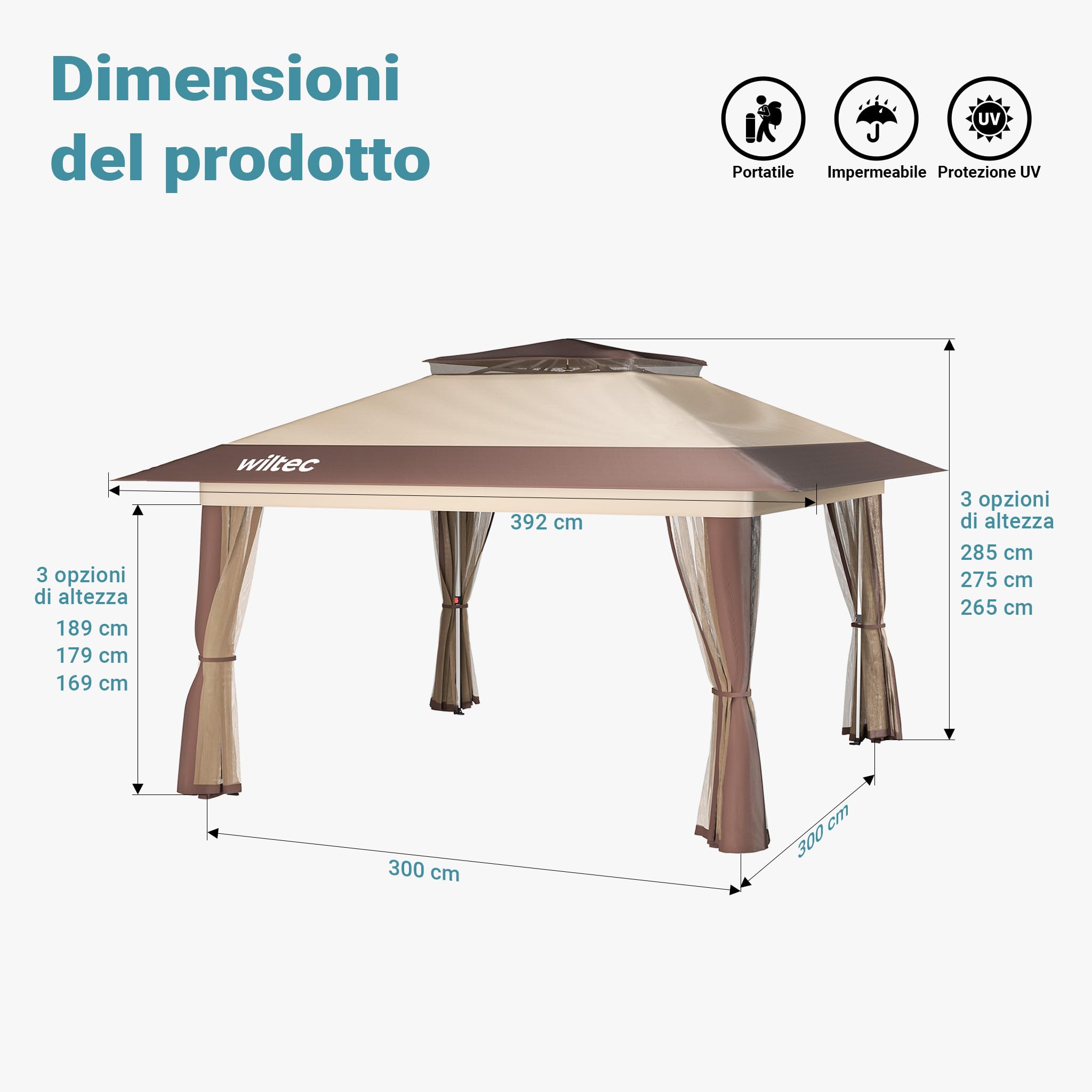 Wiltec gazebo pieghevole beige 4x4 m con zanzariera UV50+