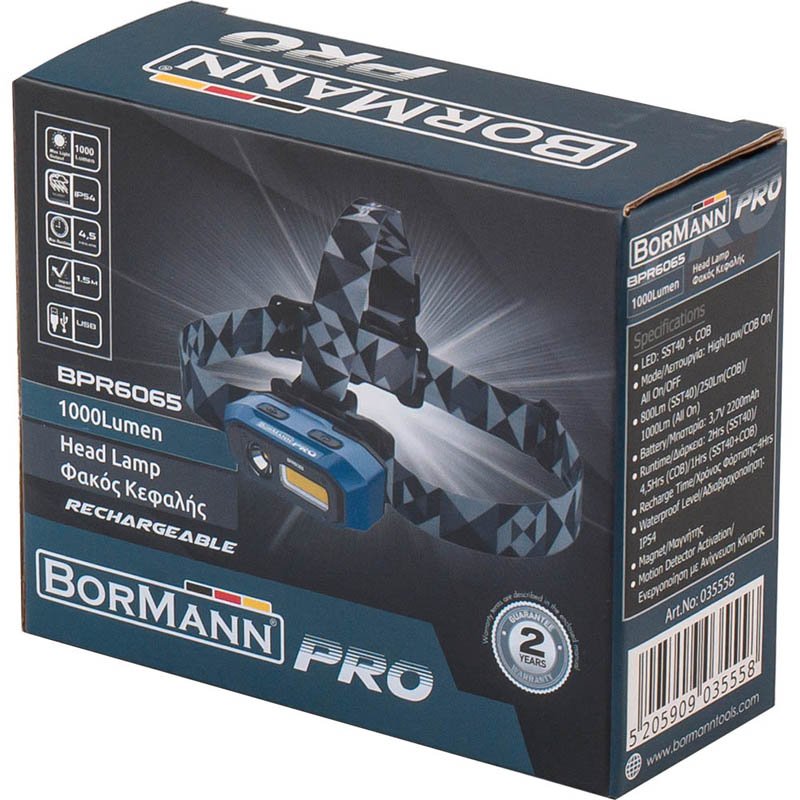 Bormann Pro Lampada Frontale LED Ricaricabile 1000Lm