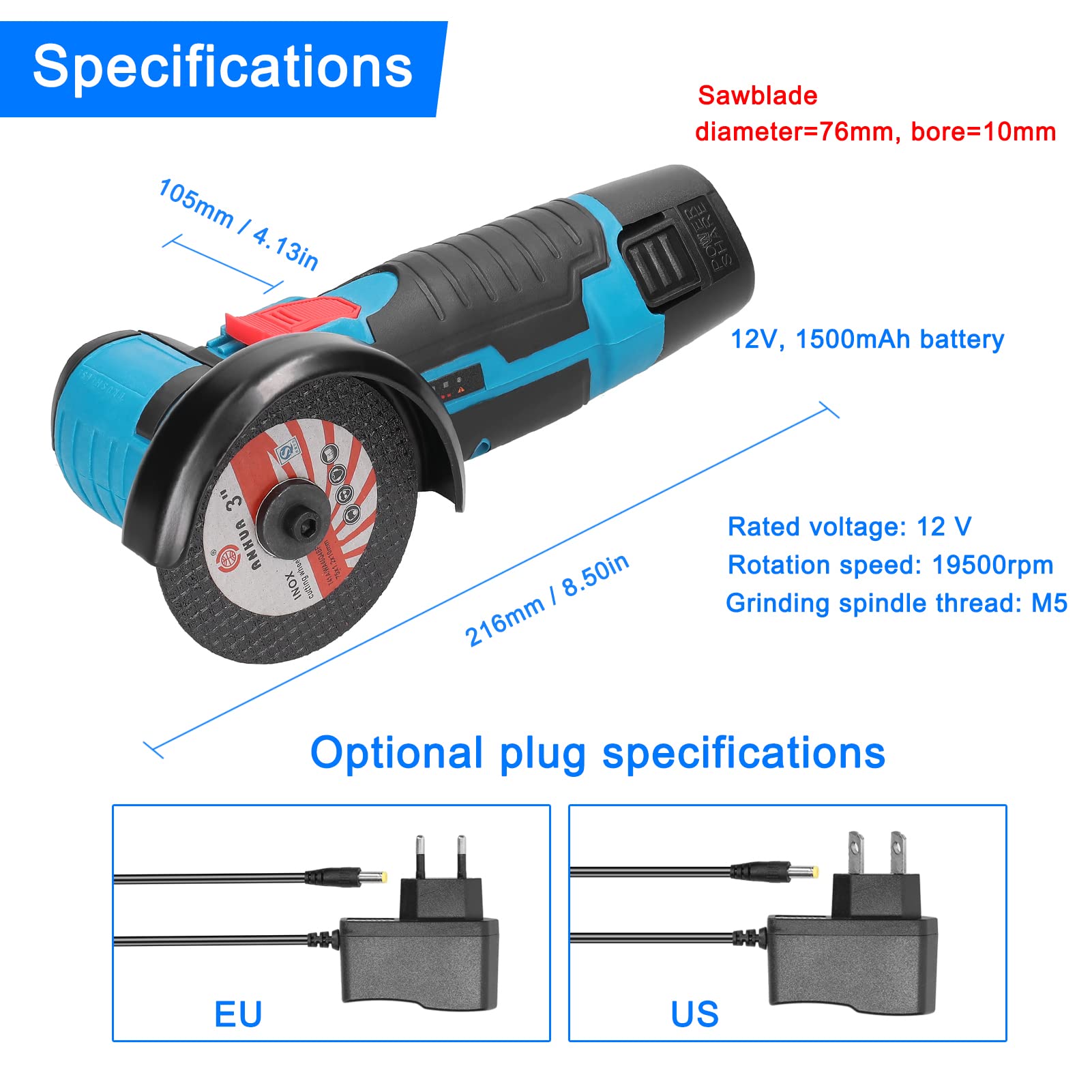 Weytoll Mini Smerigliatrice Angolare 12V 2 Batterie 76mm