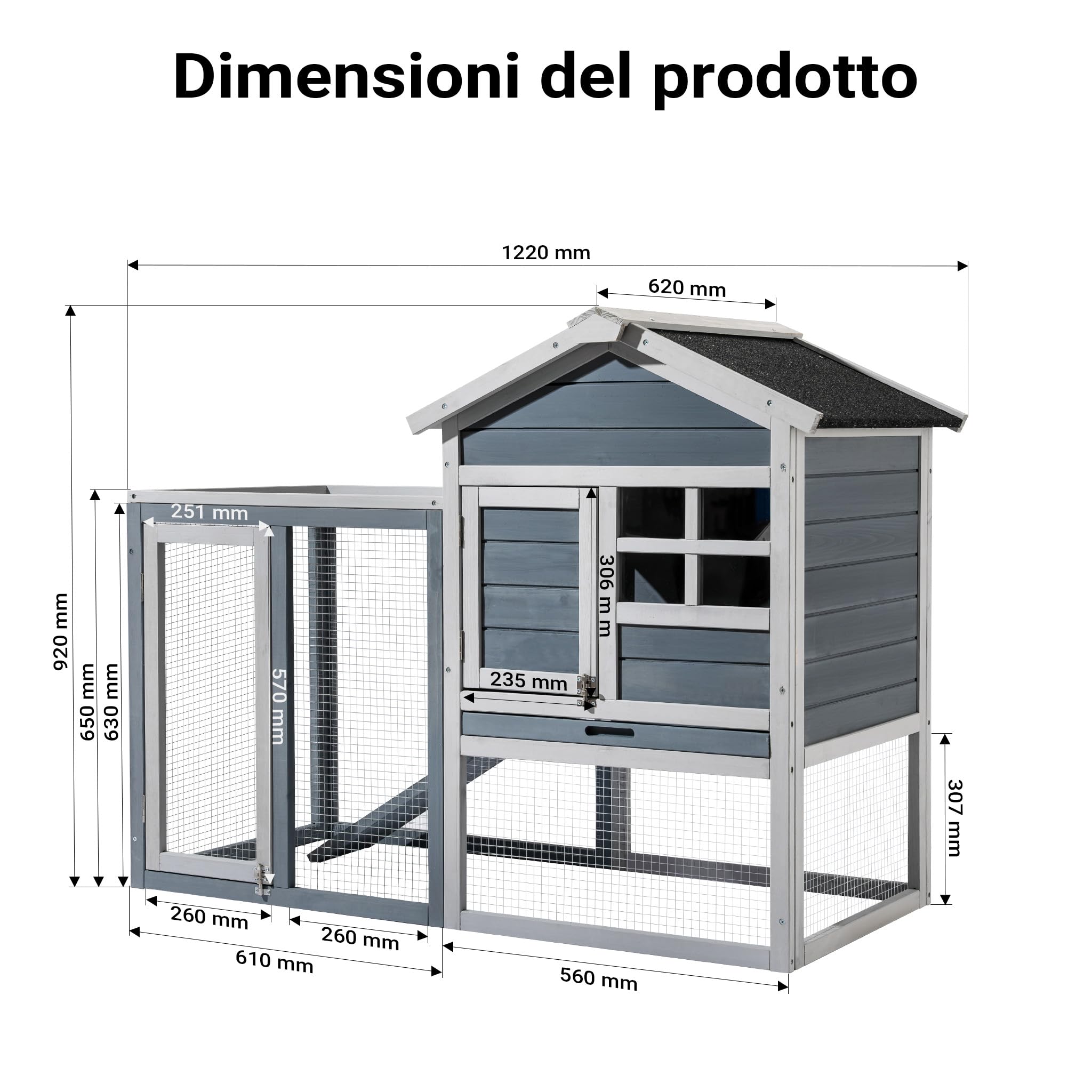 Wiltec Conigliera Legno 122x63x92 cm Grigia Recinto