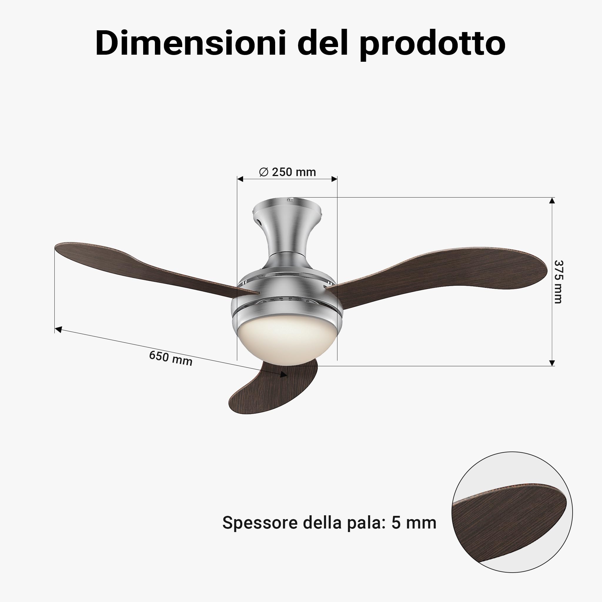 Wiltec Ventilatore da soffitto 130 cm 55W 3 pale con luce