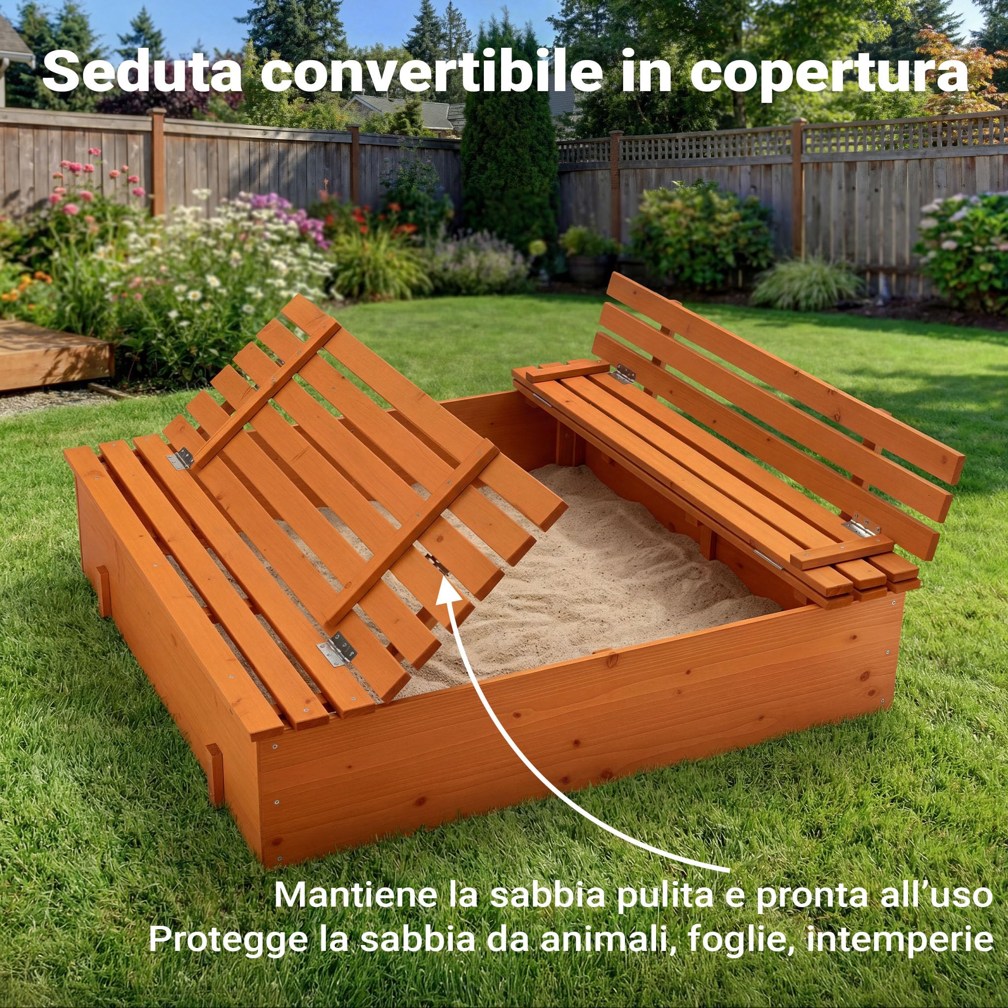 Wiltec Sabbiera 98x98x21 cm legno con panche e coperchio
