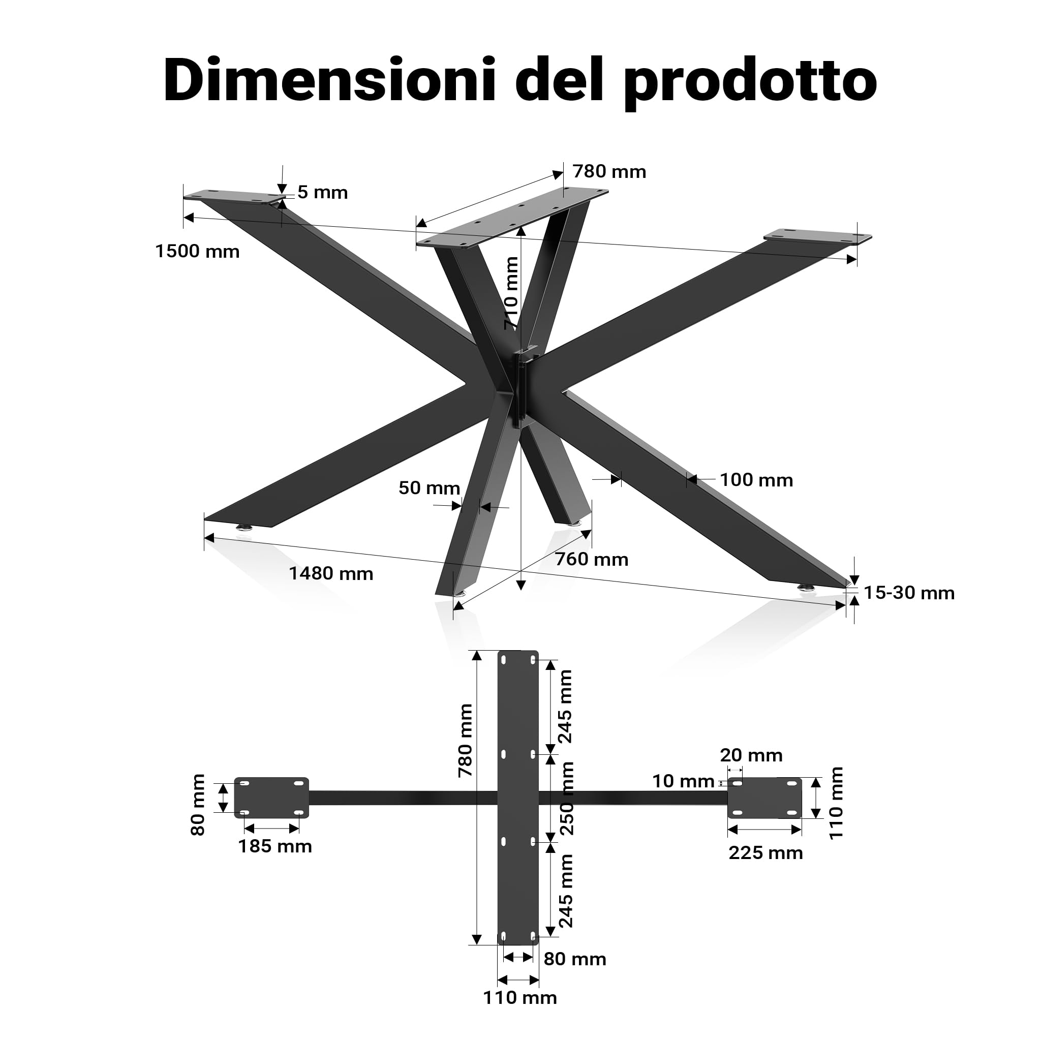 Wiltec XPOtool Telaio Tavolo Ragno Acciaio Nero 150cm