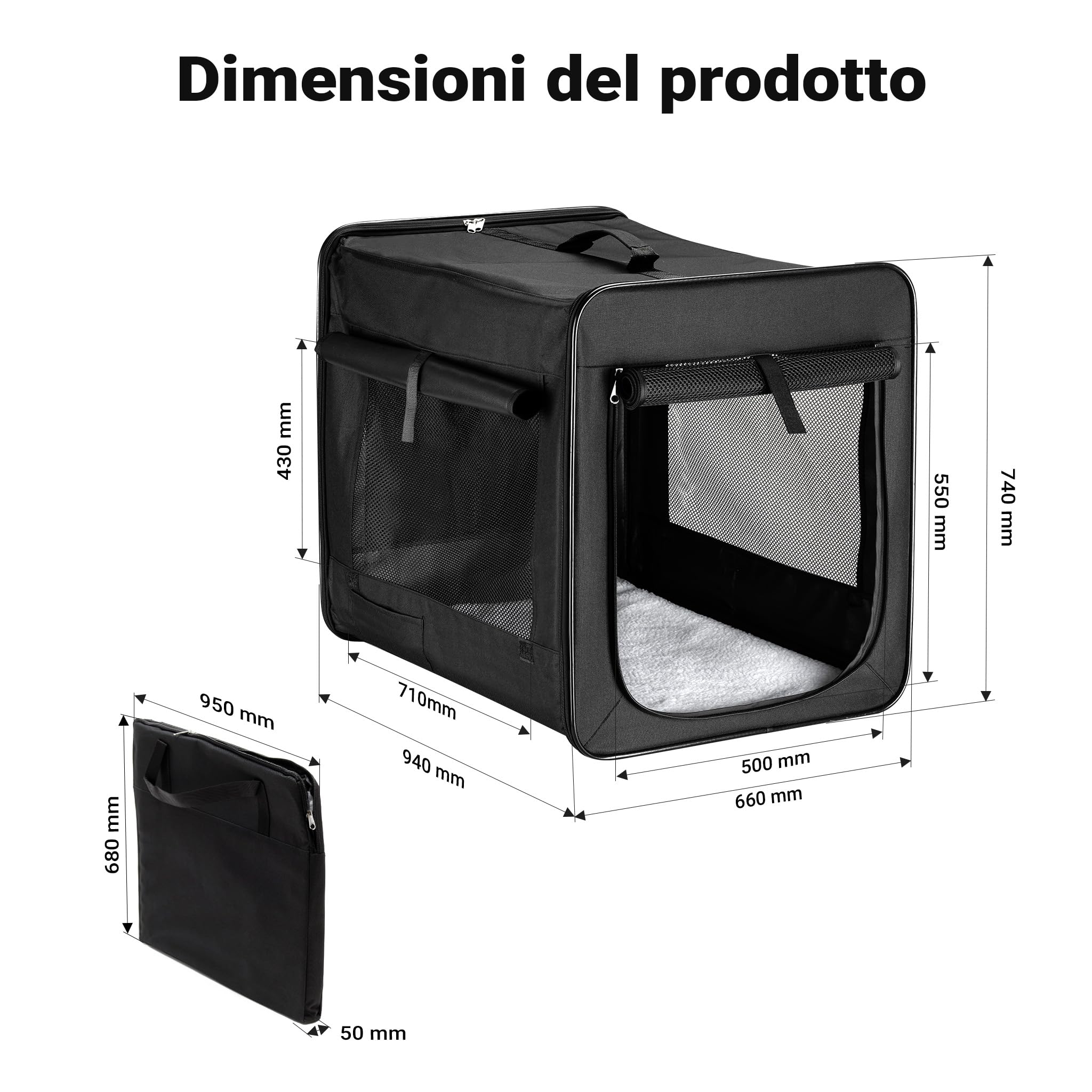 Wiltec trasportino pieghevole XL nero 94x66x74 cm con cuscino